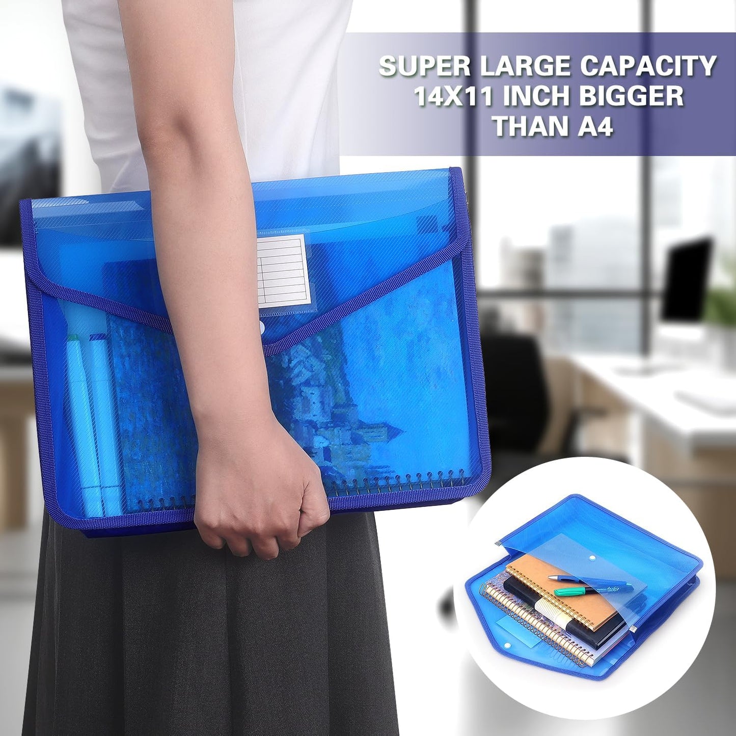 Plastic Expanding File Folder, Transparent envelopes with Snap Closure, No Dividers, Large Capacity, Fit Letter/A4 Size (Blue)