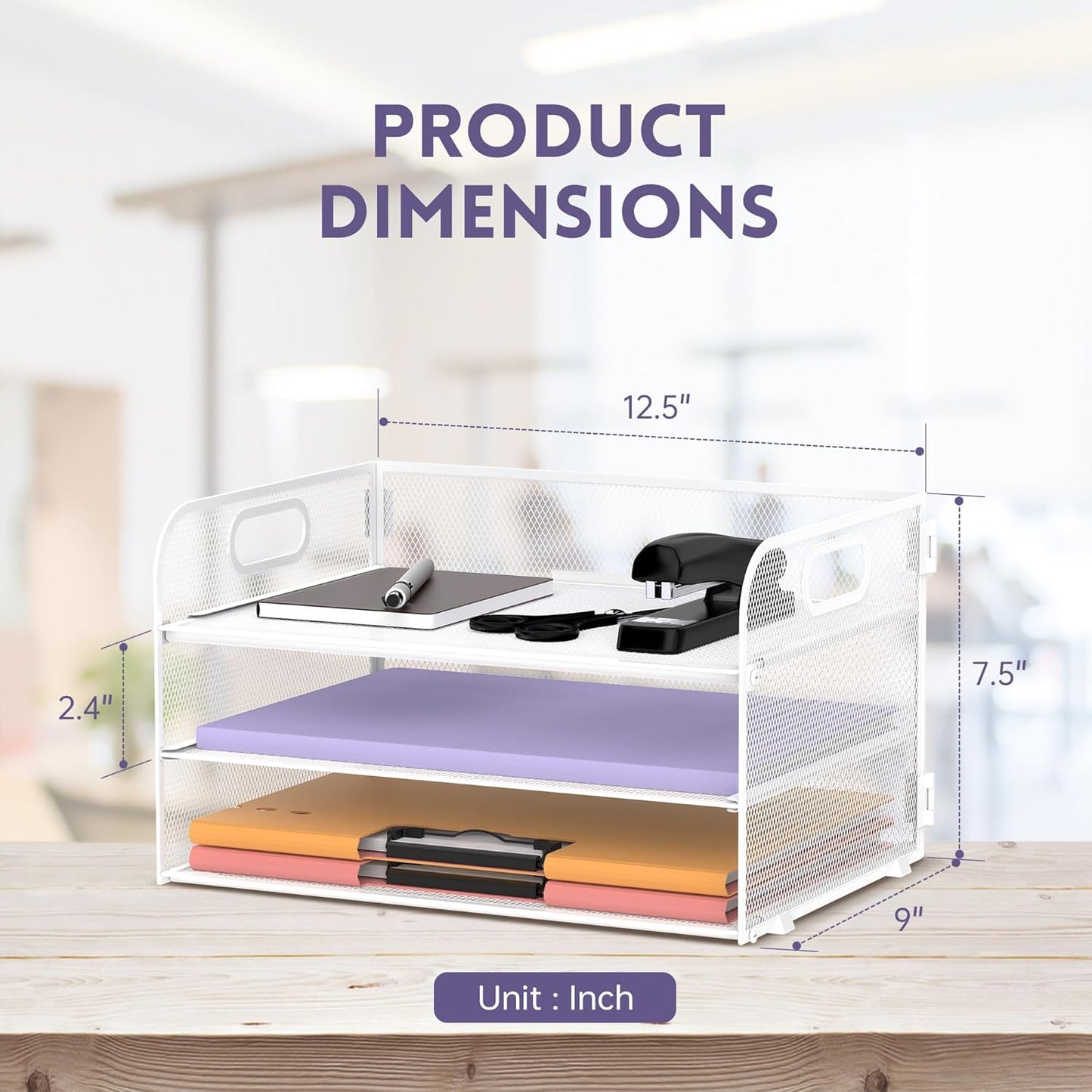 Supeasy 3 Tier Paper Organizer with Handle, Mesh Desk Organizer Letter Tray, Paper Tray File Organizer for A4 File Folder, White