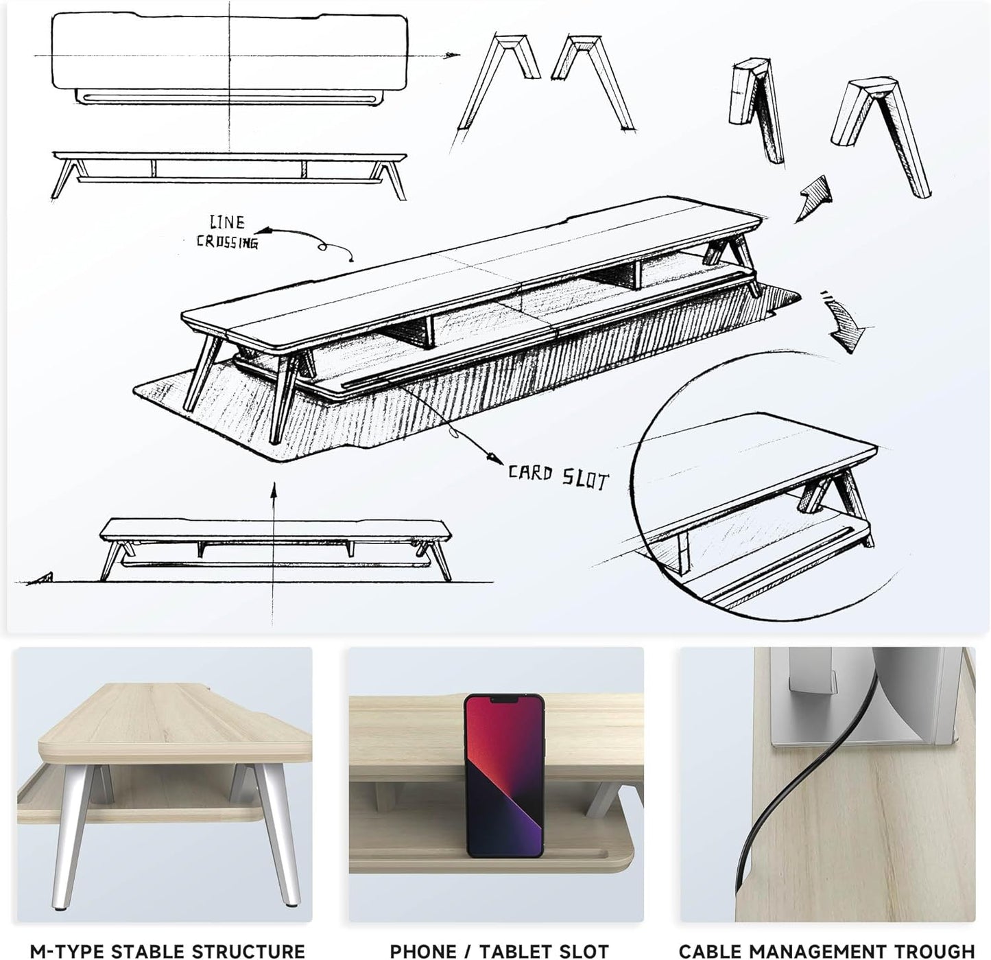Fenge Dual Monitor Stand, Monitor Stands Riser for 2 monitors, 42.5 Inch Wood Desk Shelf with Storage Organizer and Cable Management for Office Desk Accessories