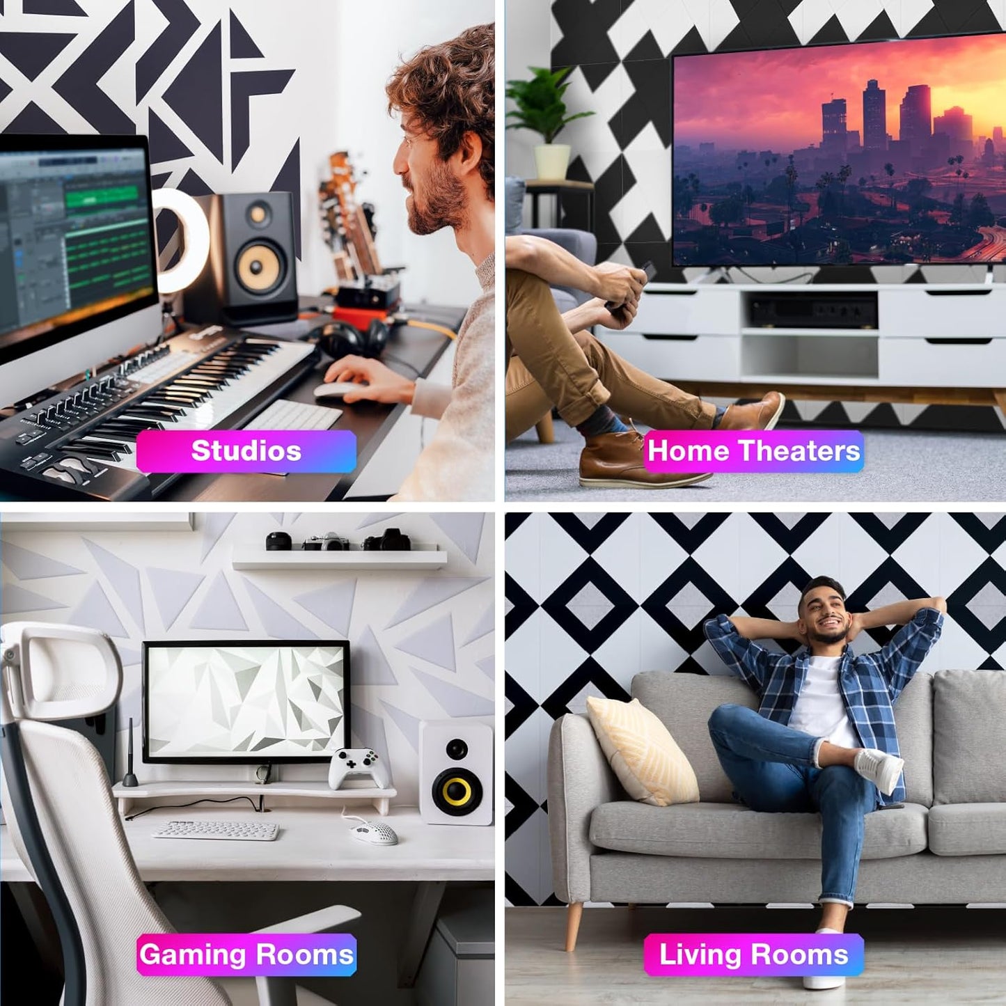 18 Pack Self-Adhesive Acoustic Panels, 12"x 12"x 0.4" Sound Absorbing Panels, High Density Square Sound Proof Noise Dampening Panels for Walls Home Studio Office, Trapezium Cutting Style, White