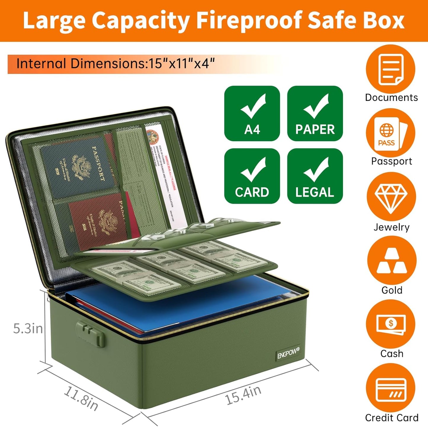 ENGPOW Fireproof Document Box, Hard Fireproof Box with Fireproof Zipper&Lock, 6400°F Heat Insulated Fireproof Water Resistant File Organizer Storage Box Safe for Important Documents,Valuable,Green