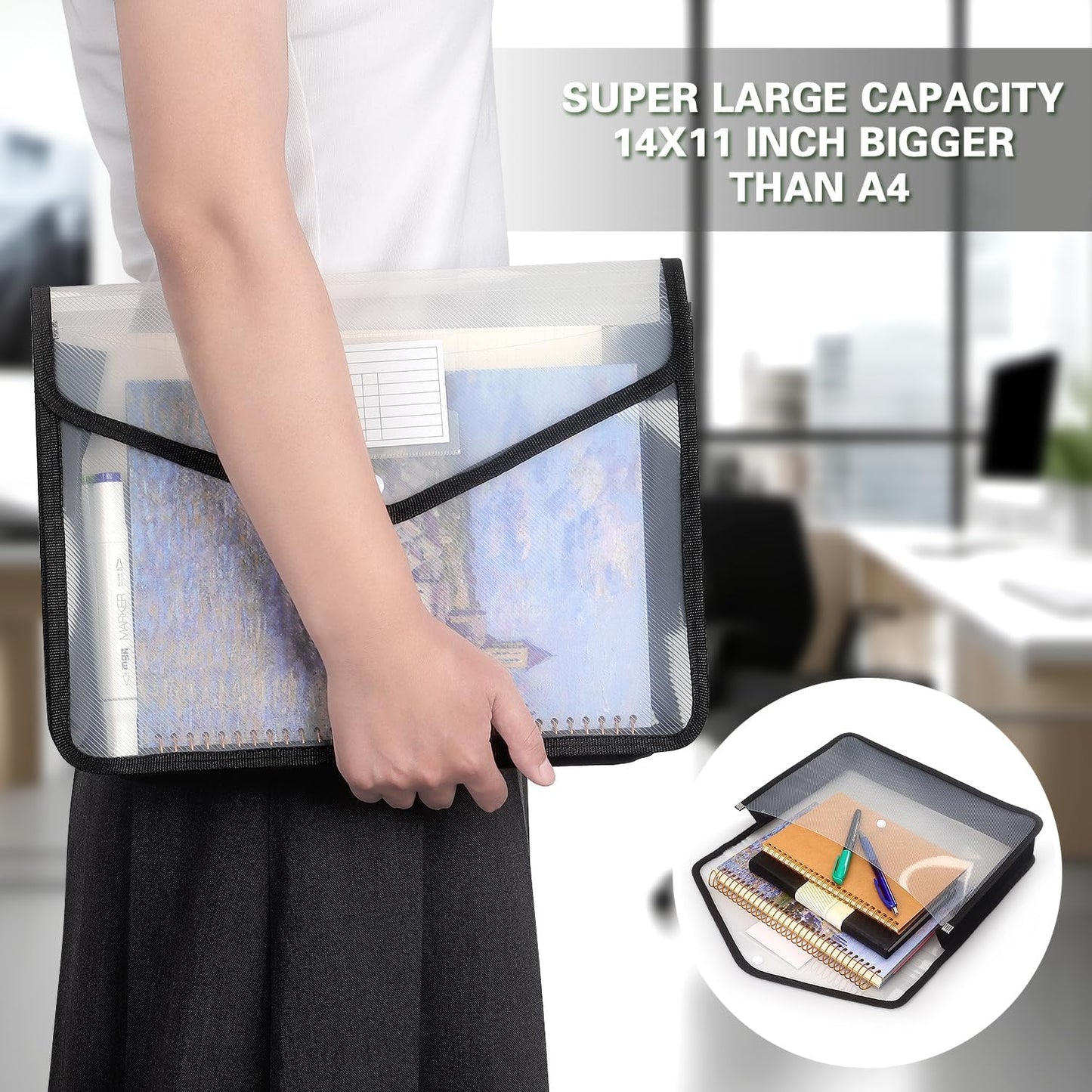 Plastic Expanding File Folder, Transparent envelopes with Snap Closure, No Dividers, Large Capacity, Fit Letter/A4 Size (Black)