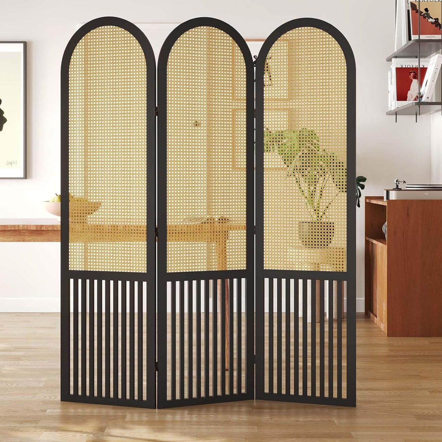 3-Panel Hand-Woven Rattan Room Divider, Tall Foldable Privacy Screen with Wooden Frame - Freestanding Portable Partition for Home Office, Bedroom, Bathroom(Black-Pine)