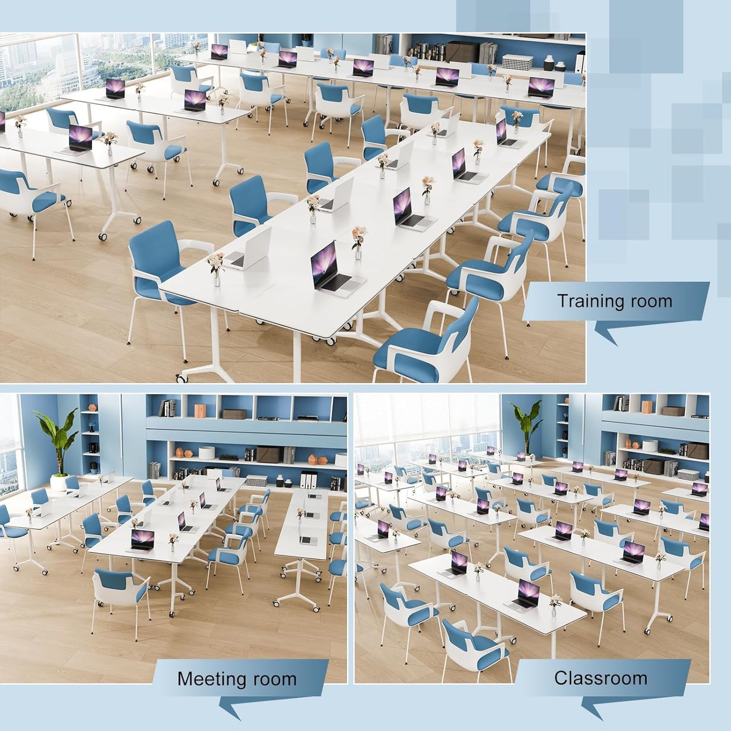 6Pack Folding Conference Room Table, Modern Conference Tables with Silent Wheels, Large Rectangular Mobile Training Tables for Office Classroom, Foldable Modular Seminar Table White (L55.1in)