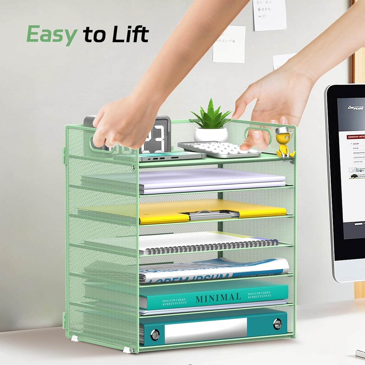 7 Tier Paper Organizer - Mesh Desktop File Holder with Handles for Office School Desk, Black (Mint green)