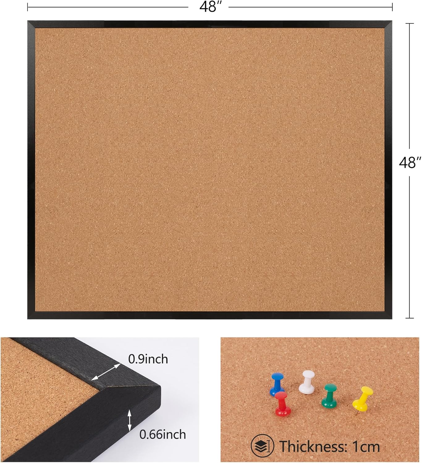 Board2by Extra Large Cork Bulletin Board 48" X 48", Black Wood Framed 4'x4' Corkboard for Wall, Wall Mounted Notice Pin Board with 18 Push Pins for School, Home & Office
