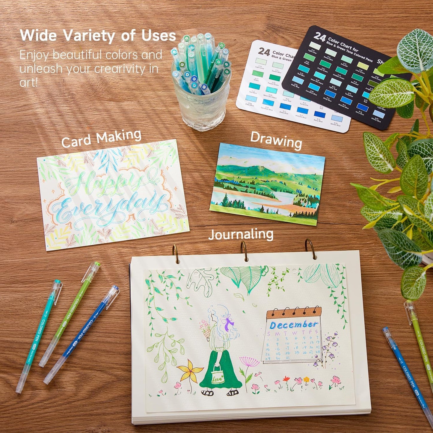 Shuttle Art Colored Pens, 24 Blue & Green Tone Colors Cute Journal Pens 0.6mm Fine Point Colored Gel Pens for Black Paper Adult Coloring Writing Drawing Journaling Note Taking School Office Home