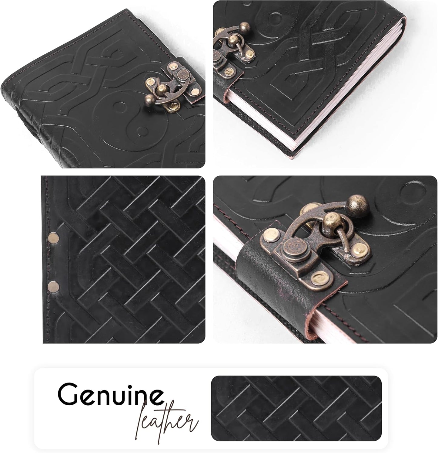 Yin & Yang Vintage Leather Journal with Antique Clasp Lock β 200 White Page Antique Deckle Edge Leather Bound Notebook β 5"X7" Notebook Journal for Writing, Drawing, Home, Office, Travelling (Black)