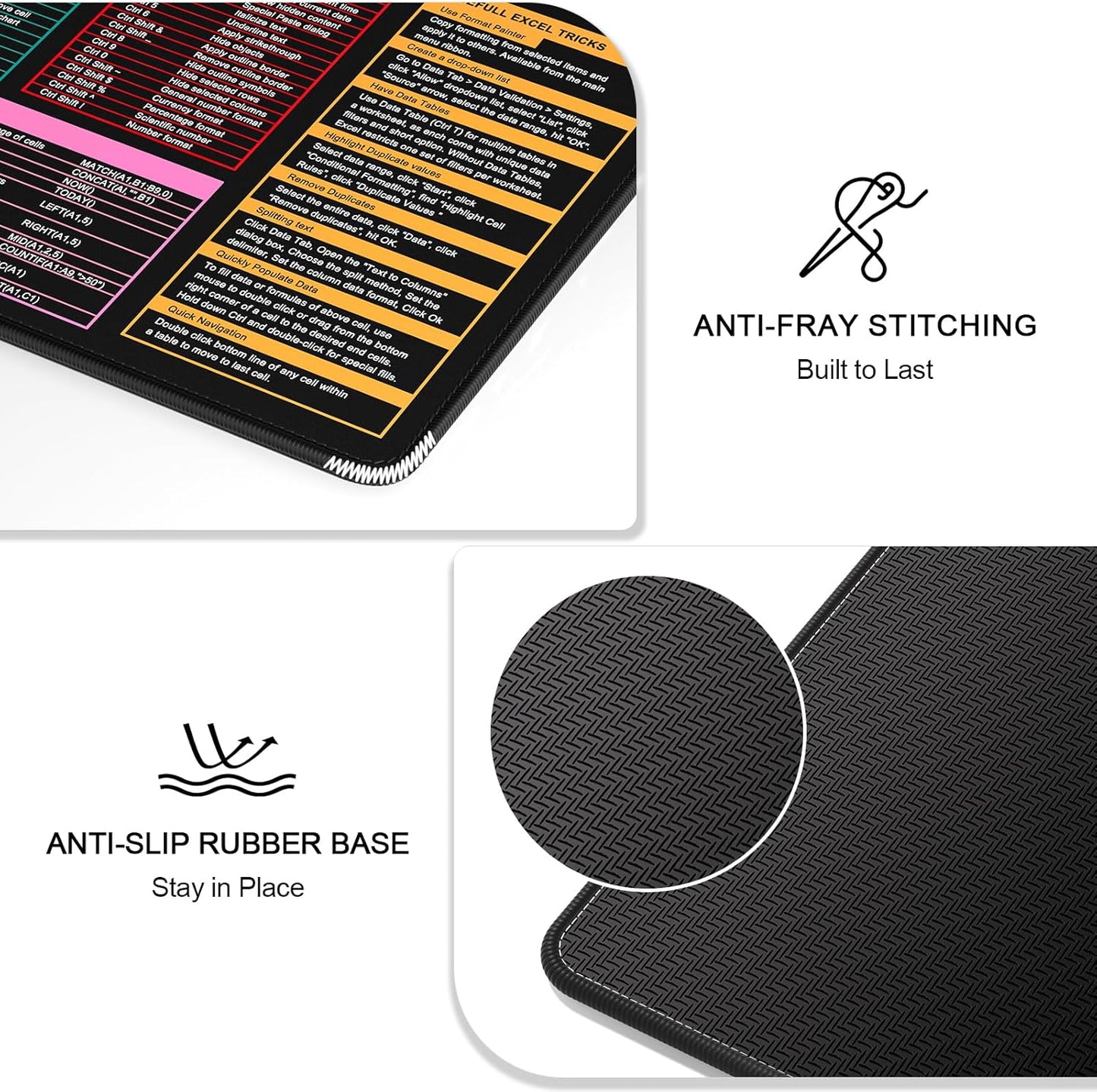 Auhoahsil Large Mouse Pad, XL Gaming Mousepad, Desk Mat for Desktop, Thick Rubber, Big & Long Size, Stitched Edges, Full Desk Pad for Laptop & Computer, Extended 31.5 x 11.8 in, Excel Shortcut