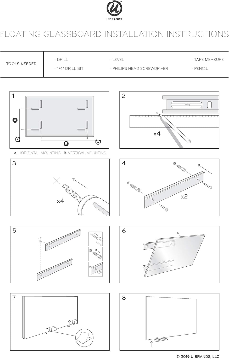 U Brands Glass Dry Erase Board, 36" x 48", 4'x'3', Gray Surface, Frameless, Includes Marker