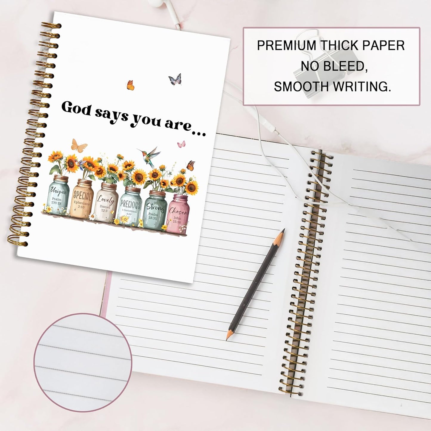 Bible Notebook, A5 Spiral Christian Journal with Sunflower Notebook, Bible Verse-God Says You Are, Inspirational Notebooks for Women, Bible Study, Gift for Birthday Christmas, Office Supplies