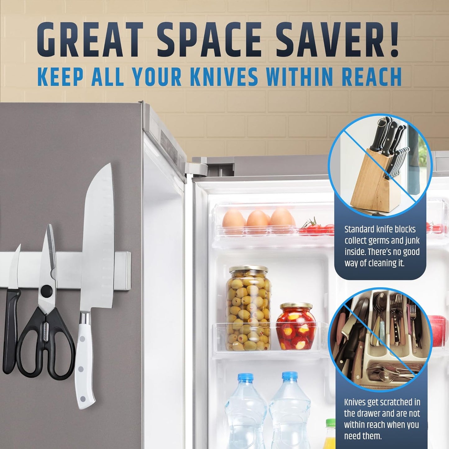 Fridge Applicable Stainless Steel Magnetic Knife Holder with Anti-Slide Upgrade - 22 Inch Professional Double Sided Knife Strip for Refrigerator - Knife Rack/Bar with Powerful Pull Force