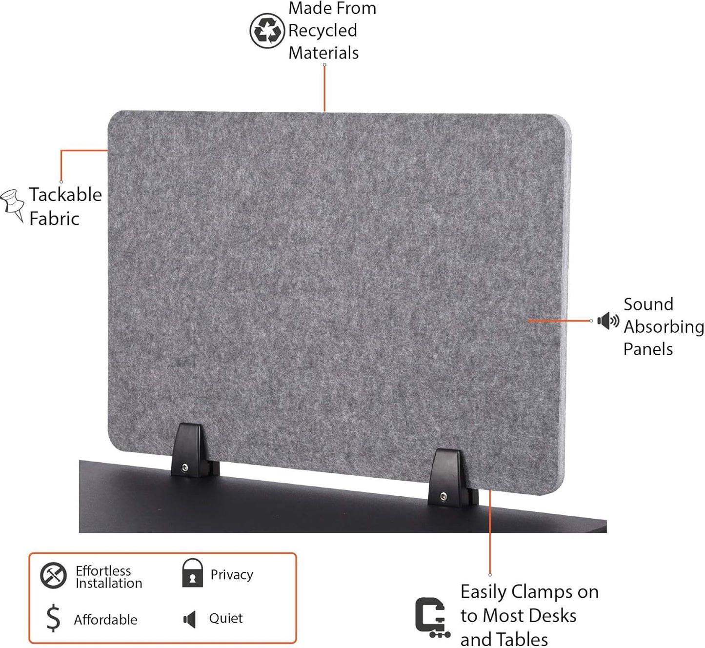Stand Up Desk Store ReFocus Raw Clamp-On Acoustic Desk Divider Mounted Privacy Panel to Reduce Noise and Visual Distractions (Castle Gray, 23.6" x 16")