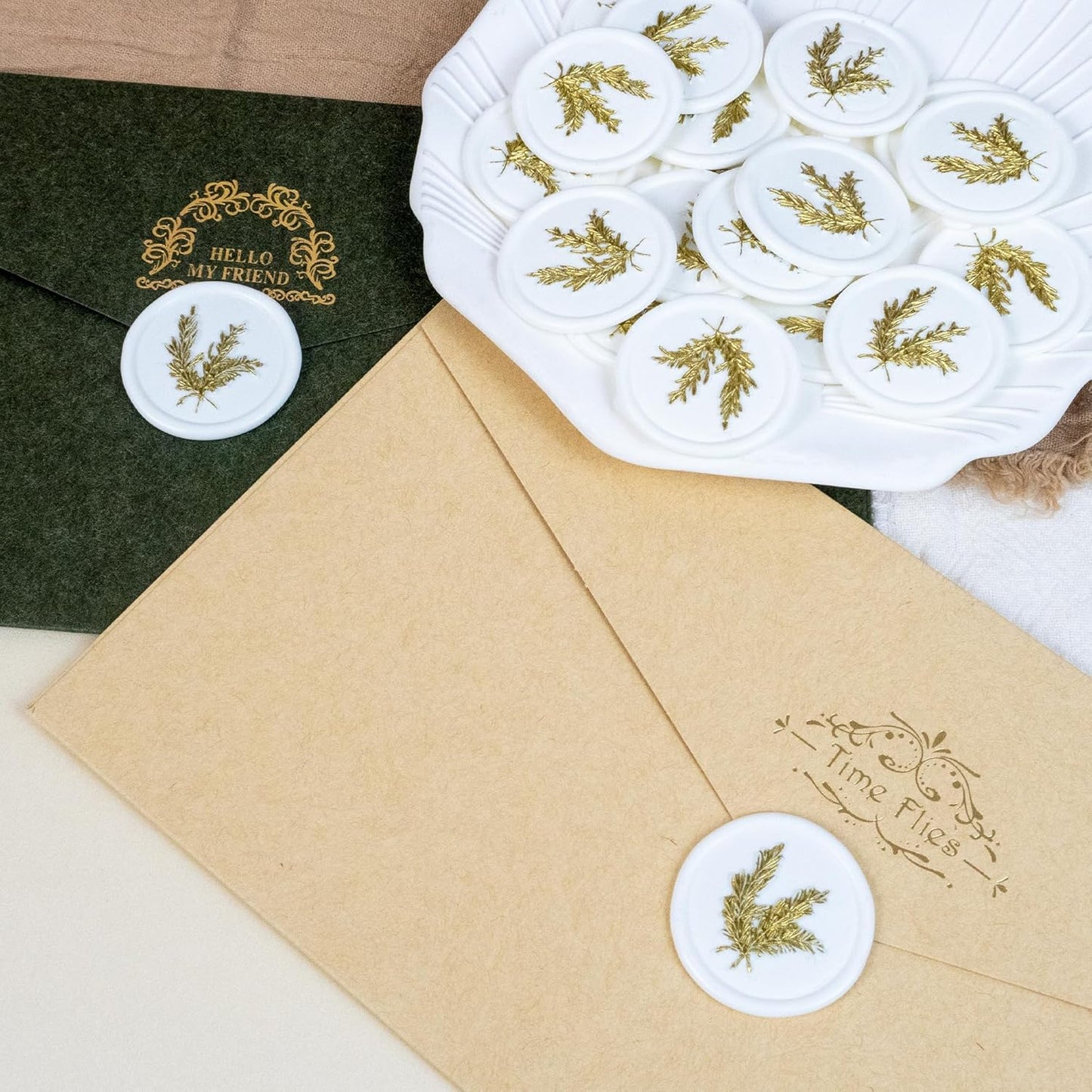 100Pcs Gold & White Wax Seal Stickers - Handmade Envelope Seals, Self Adhesive Wax Stickers for Wedding Party Invitations, Envelope, Gift Wrap, Christmas (Gold Rosemary Style, White)