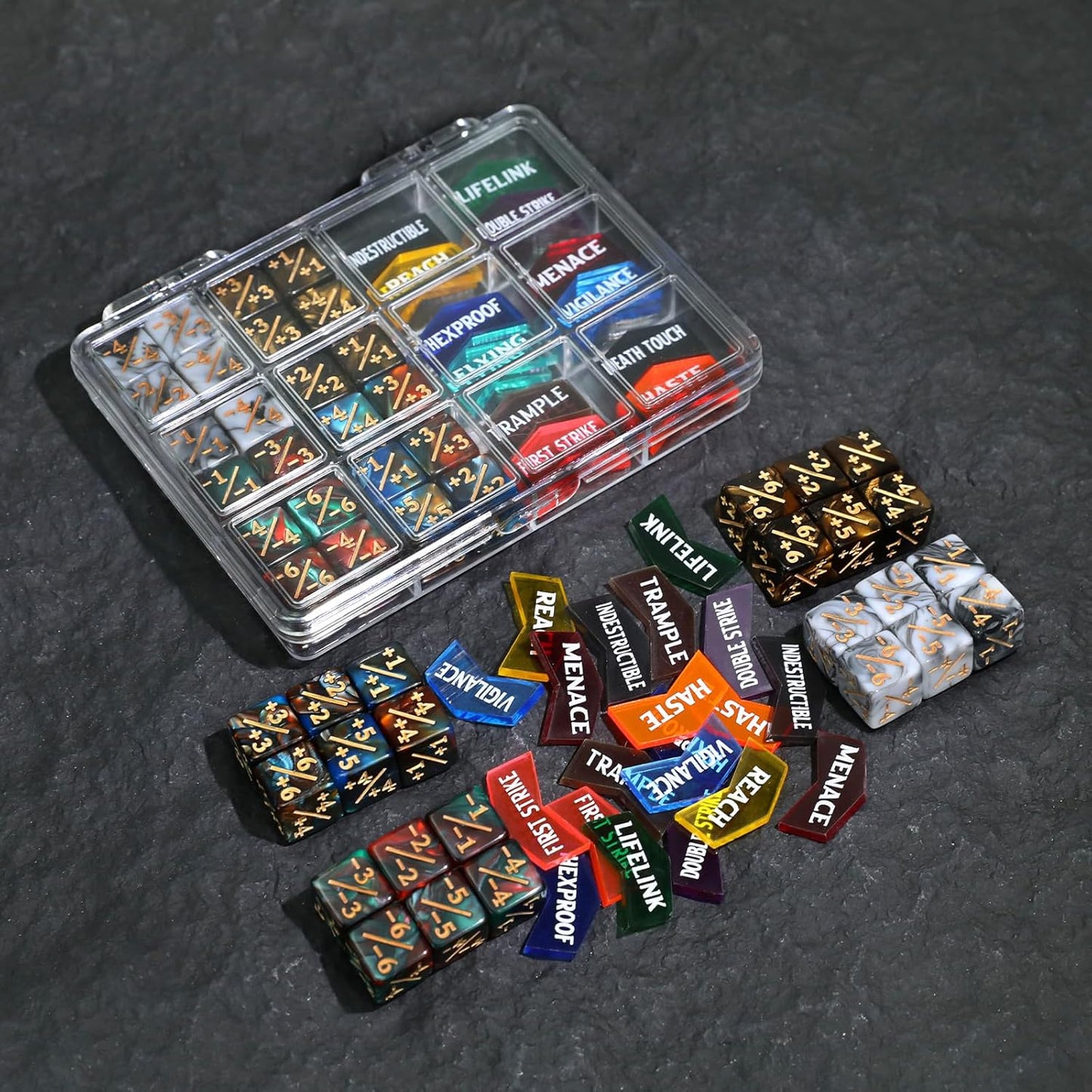 48PCS 12mm MTG Dice Counters & Tokens for Magic The Gatering, MTG Abilities Keyword Buff Tokens Plus 1 Life Counters Loyalty Dice, Compatible with TCG CCG Magic Card Gaming Accessories