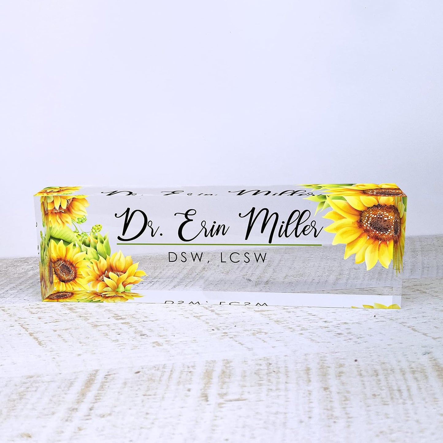 Artblox Personalized Office Desk Name Plate and Business Card Holder | Clear Acrylic Glass with Teak Wood Stand | Sunflowers Design Customized with Your Name and Credentials Office Desk Decor