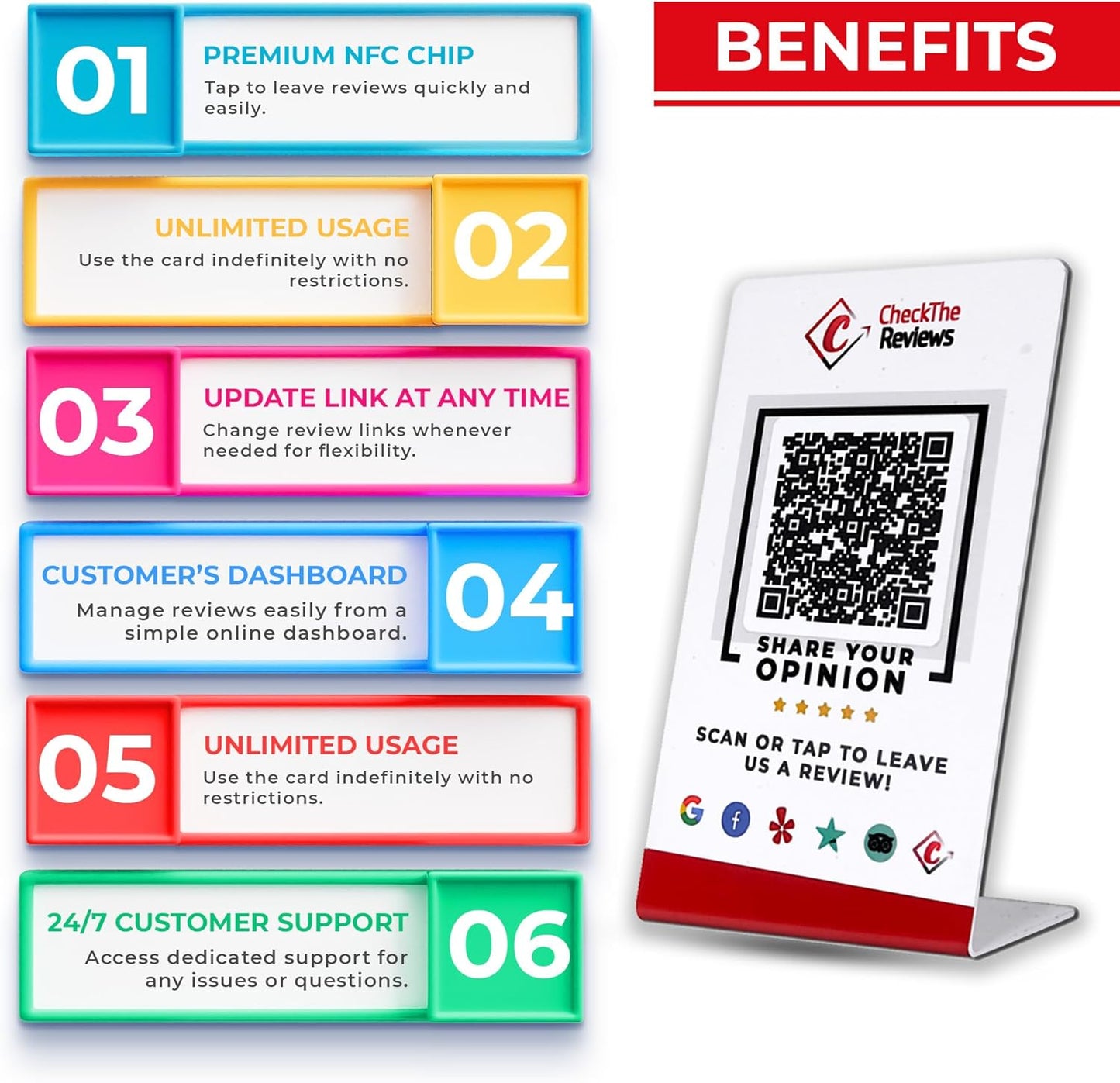 CheckTheReviews NFC Review Stand - Instant Digital Feedback Collection with Customer Friendly Scan Setup - All Phones & QR Compatible - Tap to Review for Business, Hotels, Shops, Cafes & Restaurants