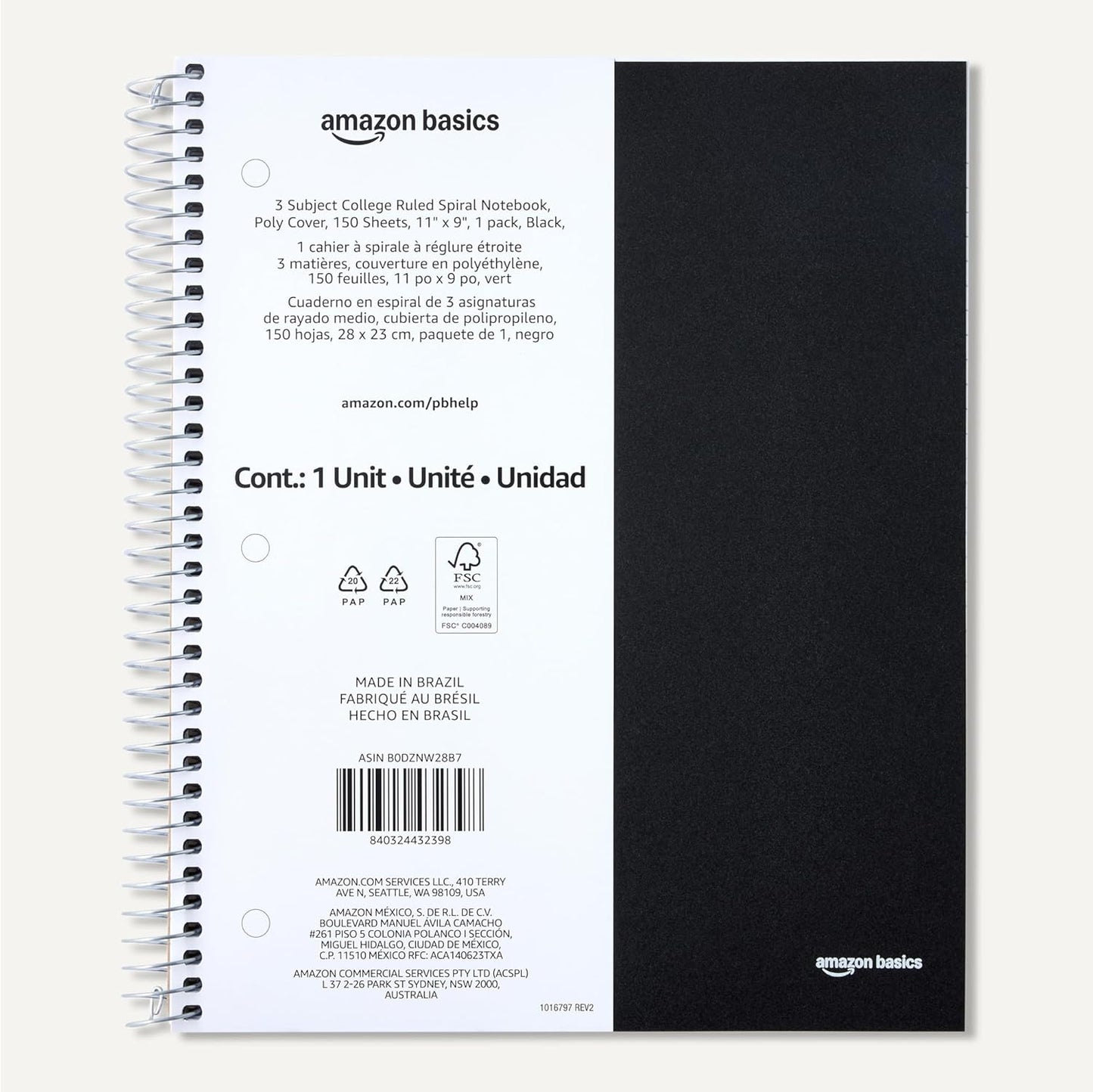 Amazon Basics 3 Subject College Ruled Spiral Notebook, Poly Cover, 150 Sheets, 8-1/2" x 11", Black, 1 pack