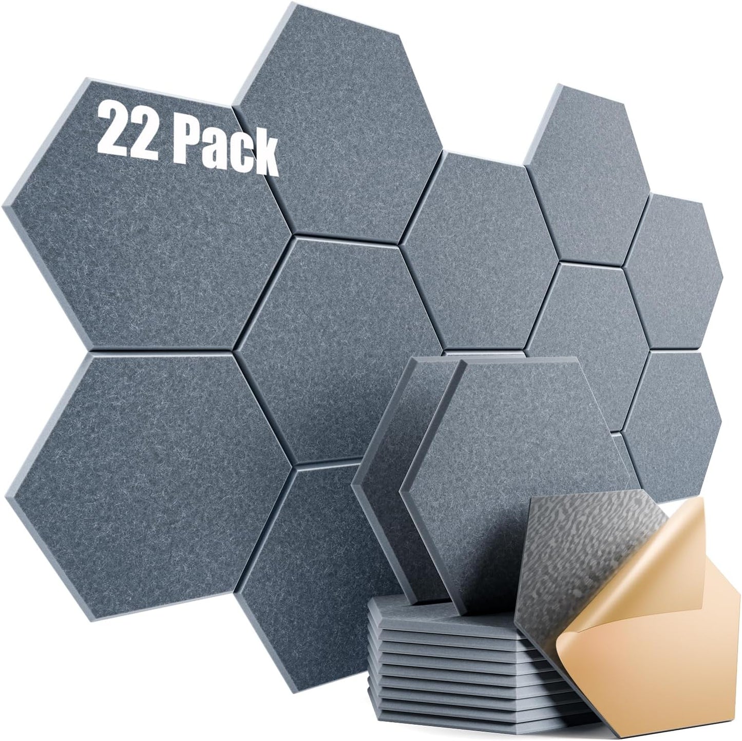 22 Pack Self-Adhesive Acoustic Panels 12" X 10" X 0.4" - Sound Proof Foam Panels with High Density, Hexagonal Design, Flame Resistant, Absorb Noise and Eliminate Echoes(Gray)