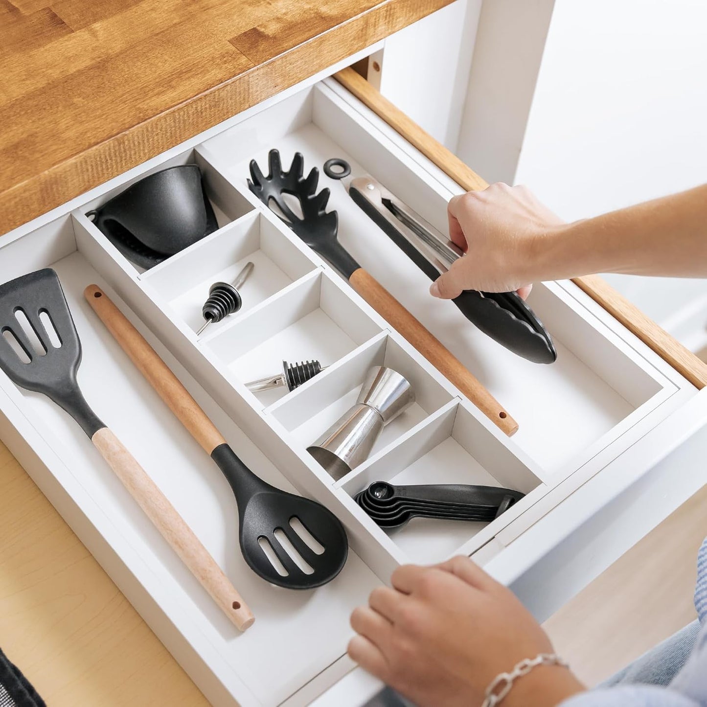 Adjustable Kitchen Drawer Organizer for Utensils and Junk, Food-Safe Contract Grade with 100% Sustainable Wood, Expandable from 16 to 28 Inches Wide - White Bamboo