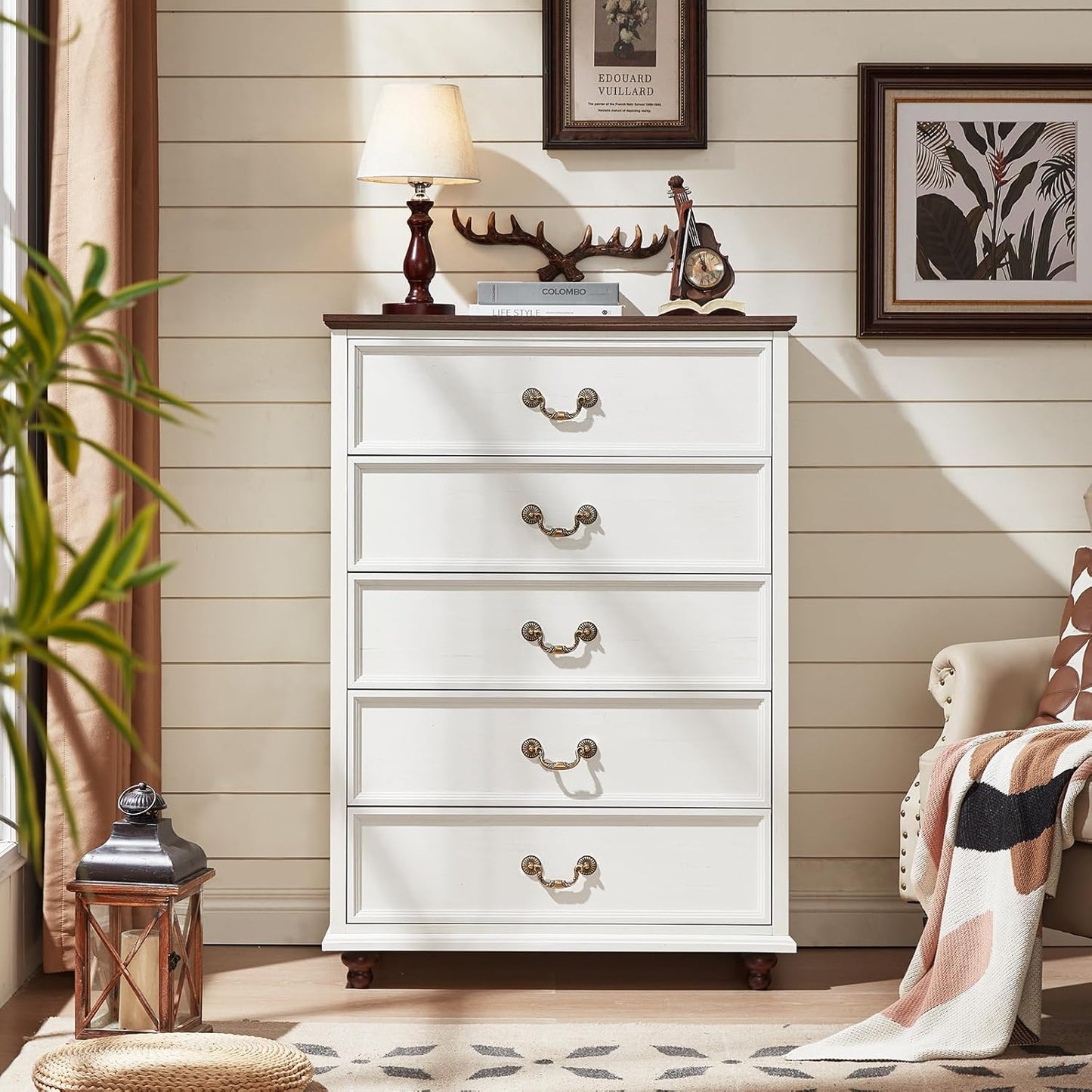 Farmhouse 5 Drawer Dresser Set of 2 for Bedroom, 45" Tall Rustic Chests of Drawers w/ 4 Solid Wood Feet, Mid Century Vintage Wooden Closet Storage Dressers Organizer for Living Room, White