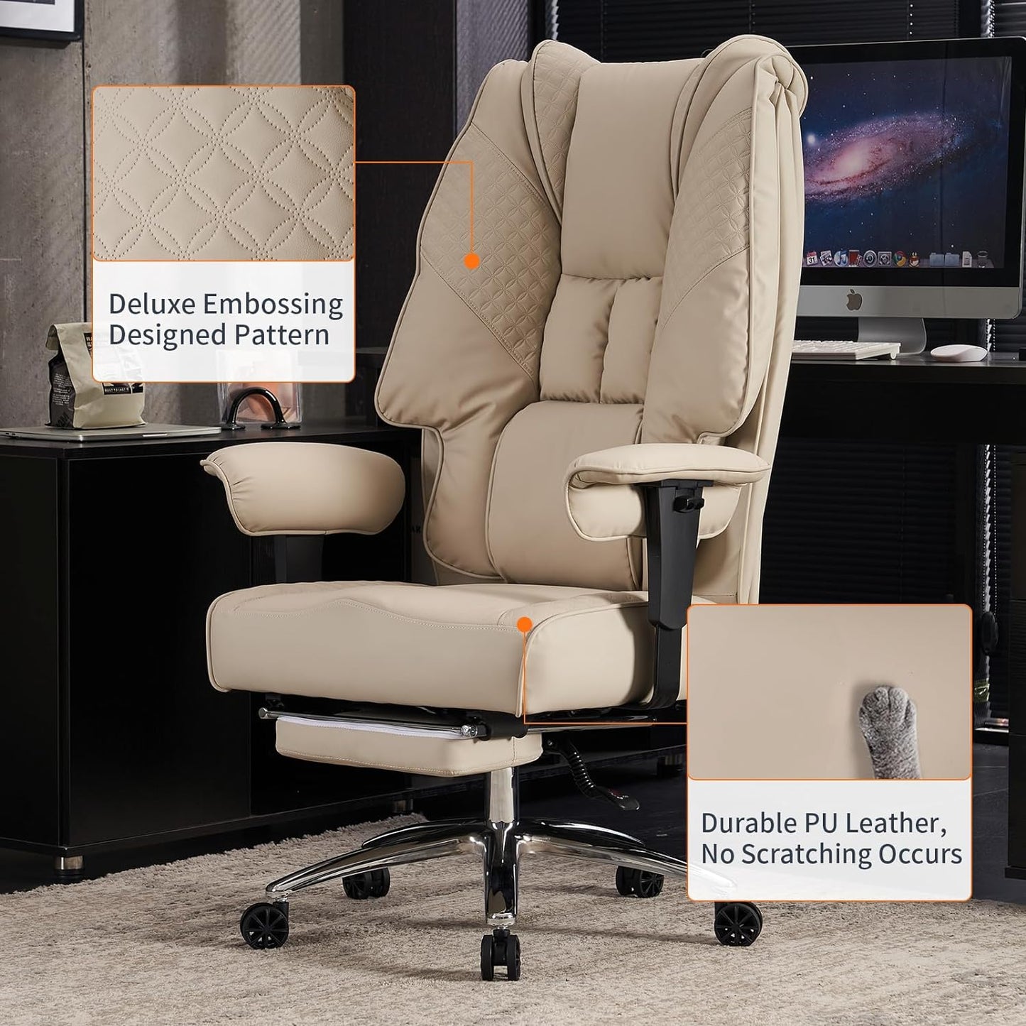 Big and Tall Office Chair 400lbs Wide Seat, Leather High Back Executive Office Chair with Foot Rest, Ergonomic Chairs Lumbar Support for Lower Back Pain Relief (Beige)