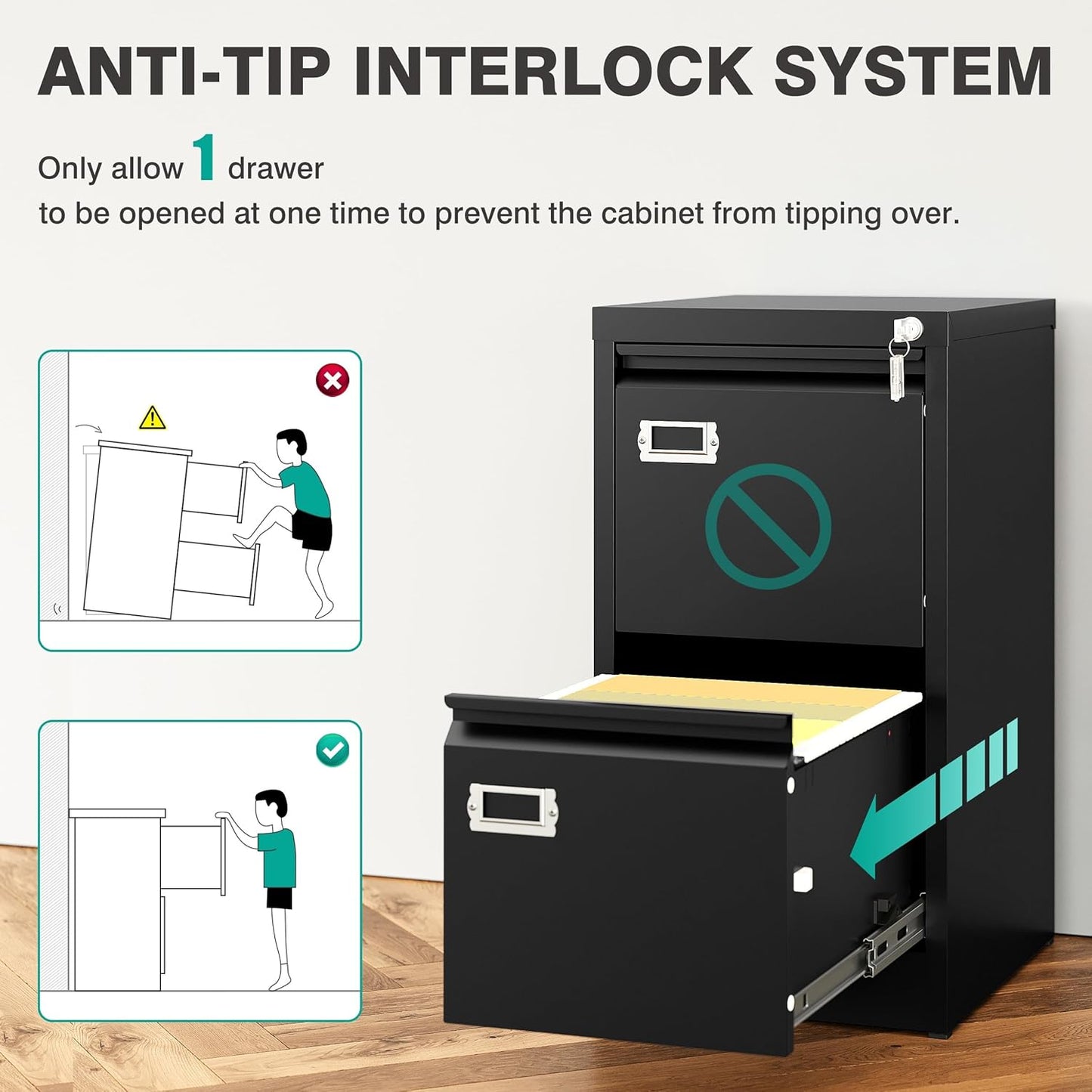 SISESOL 2 Drawer File Cabinet with Lock,Narrow Vertical Filing Cabinet,Under Desk File Cabinets,Black Metal File Cabinets for Home Office,Fit Letter Size,Files Folder,Easy Assemble