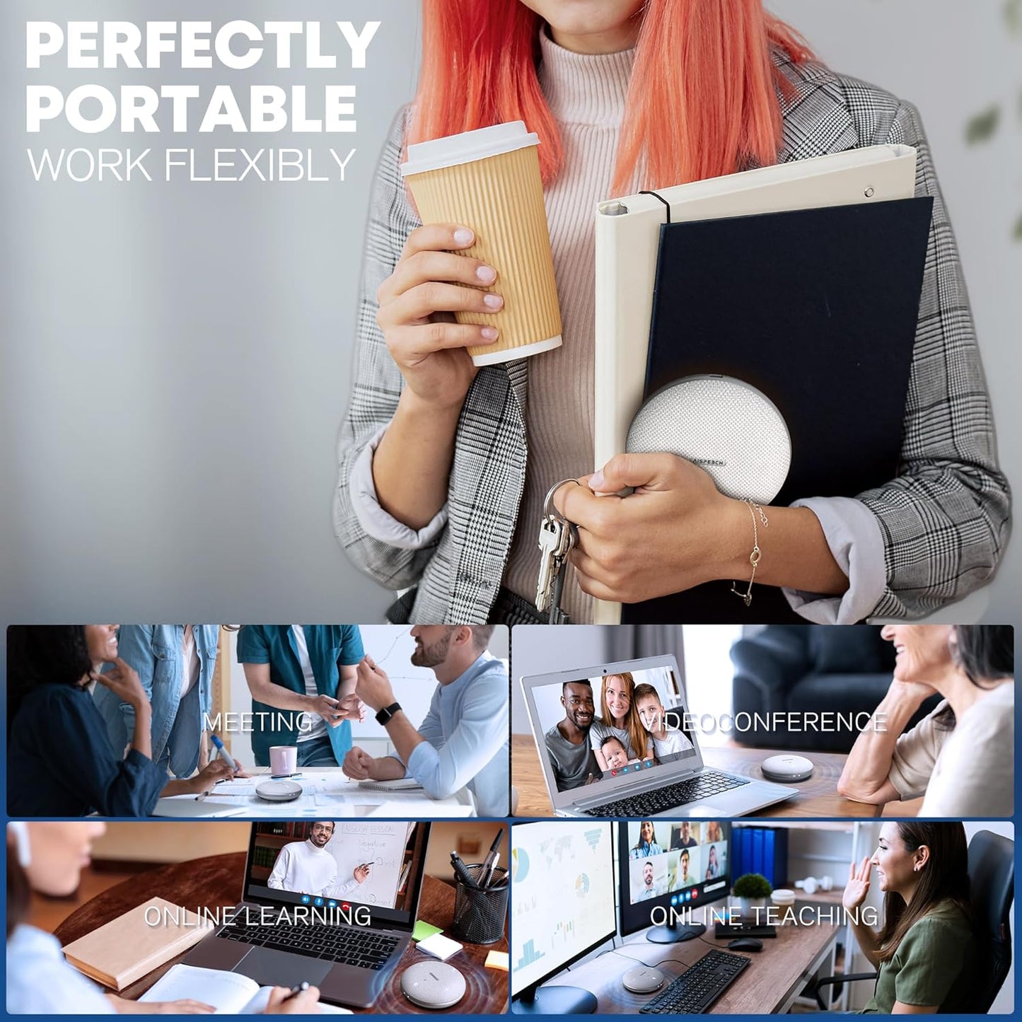 Bluetooth Conference Speakerphone M4 Conference Microphone with AI Noise Reduction AI Transcription Full-Duplex 360° Omnidirectional Voice Pickup USB Speaker for Teams Zoom Home Office, Gray