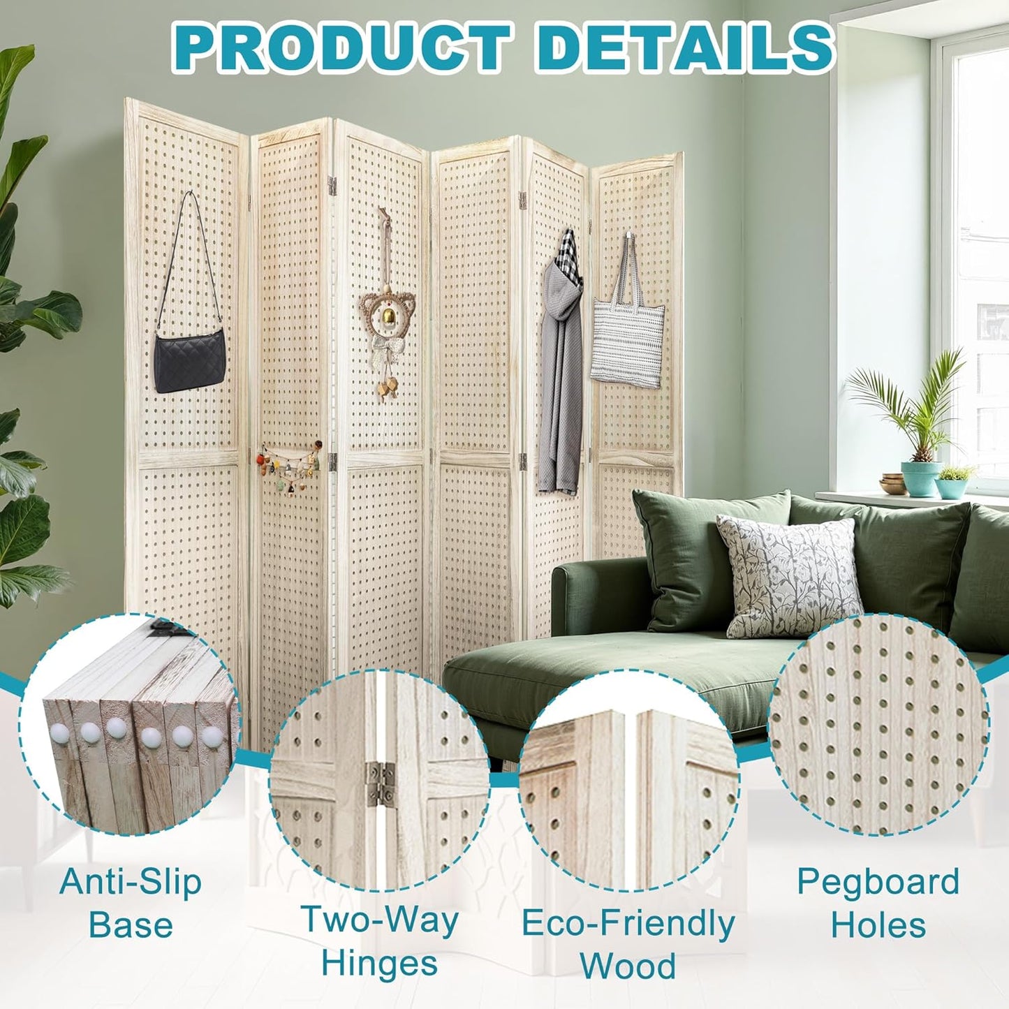 6 Panel Room Divider, 5.6FT Folding Room Divider Screen, Free Assembled Freestanding Partition for Home Office Bedroom, Tan