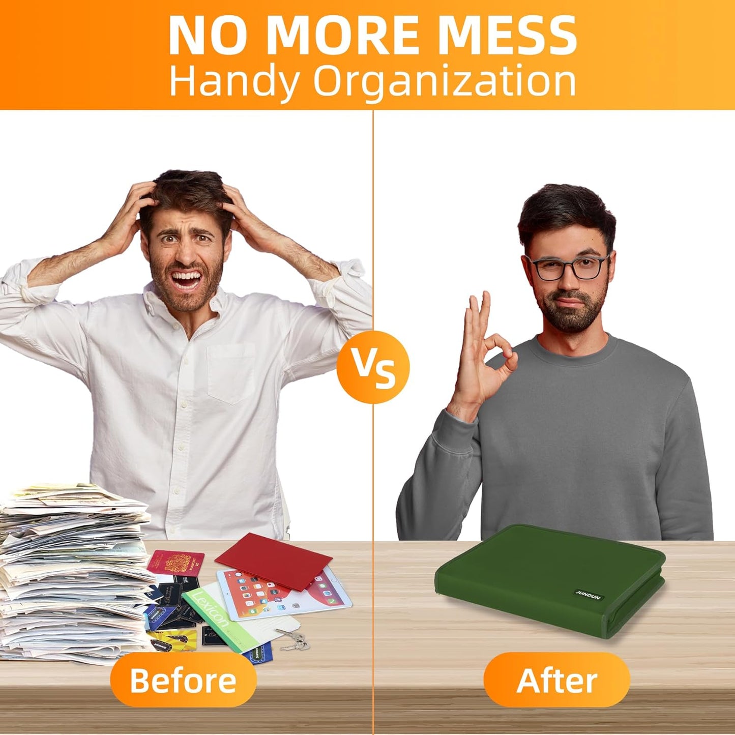 JUNDUN Accordion File Organizer - 12 Pocket Expanding File Folder with Zipper & Labels - Fireproof File Folder Organizer with Multi-Pockets,Document Organizer for Letter A4 Files and More (Green)