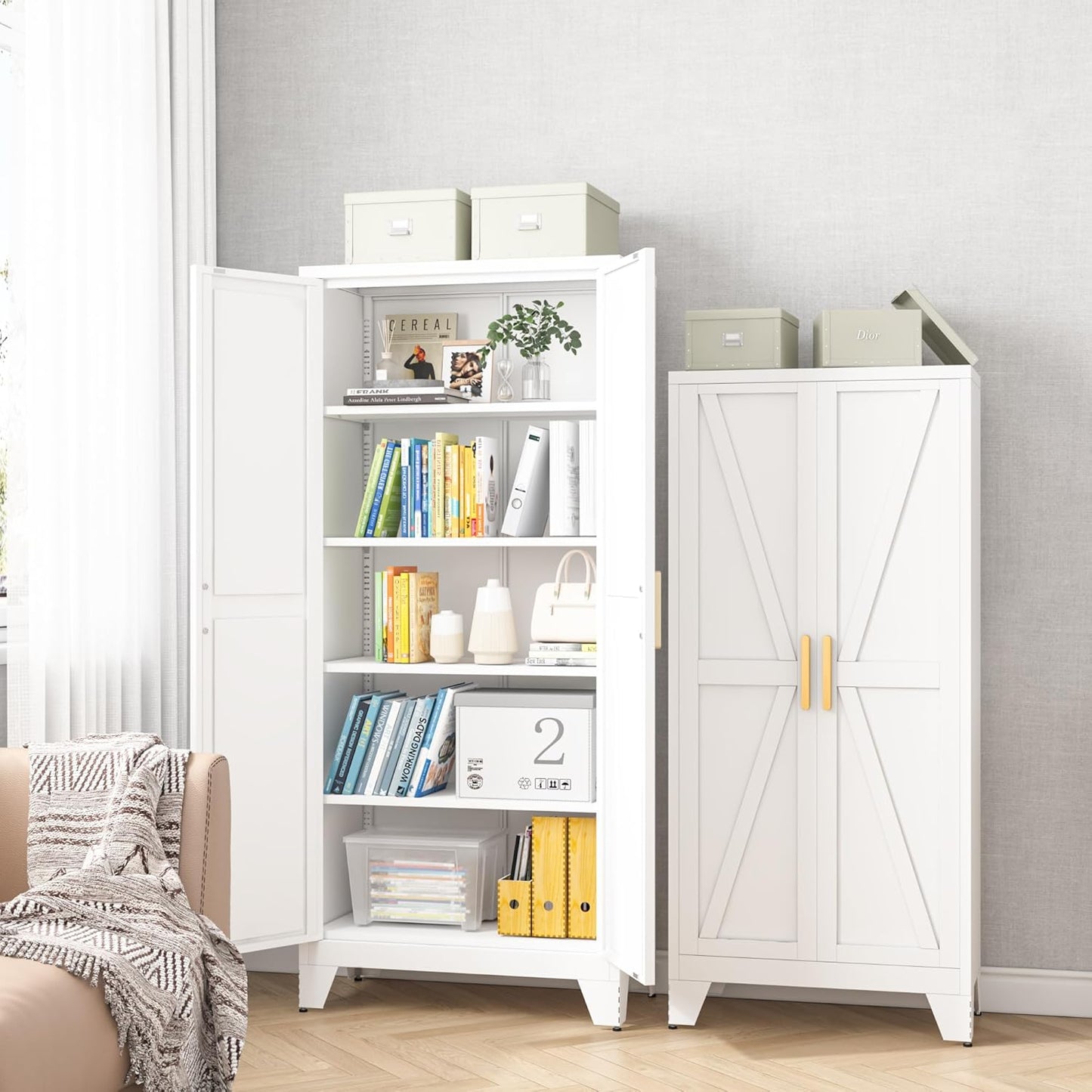 71H Tall Metal Storage Cabinet with 2 Doors and 5 Shelves,Farmhouse Storage Cabinet with Barn Doors,Pantry Storage for Home,Office,Dining Room,Kitchen,Bathroom(White)