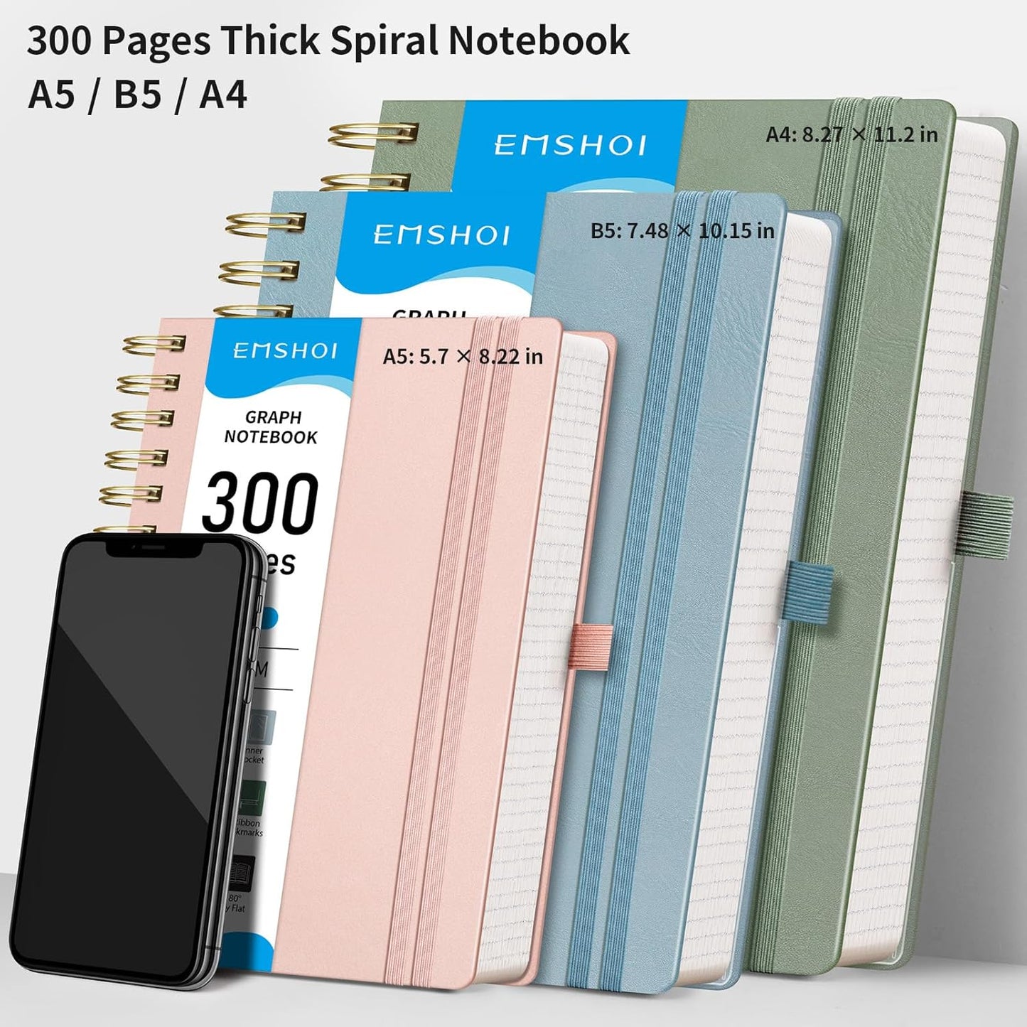 EMSHOI Spiral Graph Paper Notebook - 300 Pages, 100 GSM Thick Grid Notebook, A5 Small Hardcover Leather Journal for Women Men Writing Engineering Graphing, 5.7" x 8.22", Gray Blue