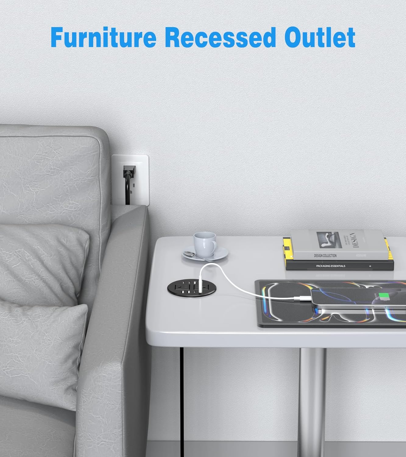 40W Recessed Power Grommet Outlet, 3.15 inch Desk Grommet Power Outlet with 8 USB Ports for Conference Rooms, Office Tables, Furniture, 6FT Cord