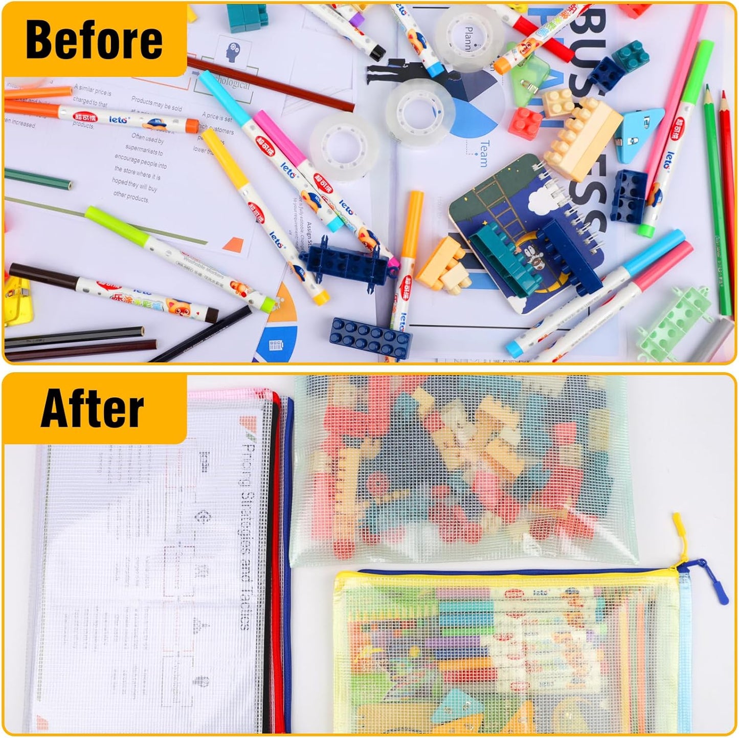 24pcs Mesh Zipper Pouch Bags - A4 Zipper Bags for Classroom Organization, Board Game & Puzzle Storage