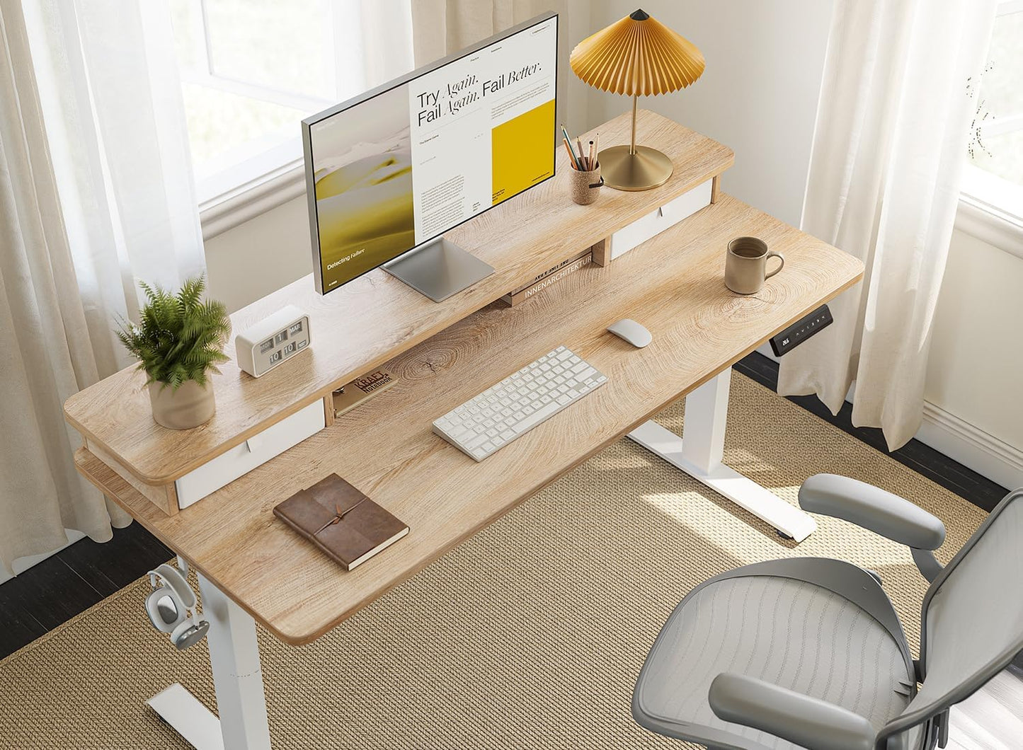 FEZIBO 55 x 24 Inch Height Adjustable Electric Standing Desk with Double Drawer, Computer Desk, Home Office Stand Up Table with 4 Height-Adjustable Feets & 2 Hooks, Maple