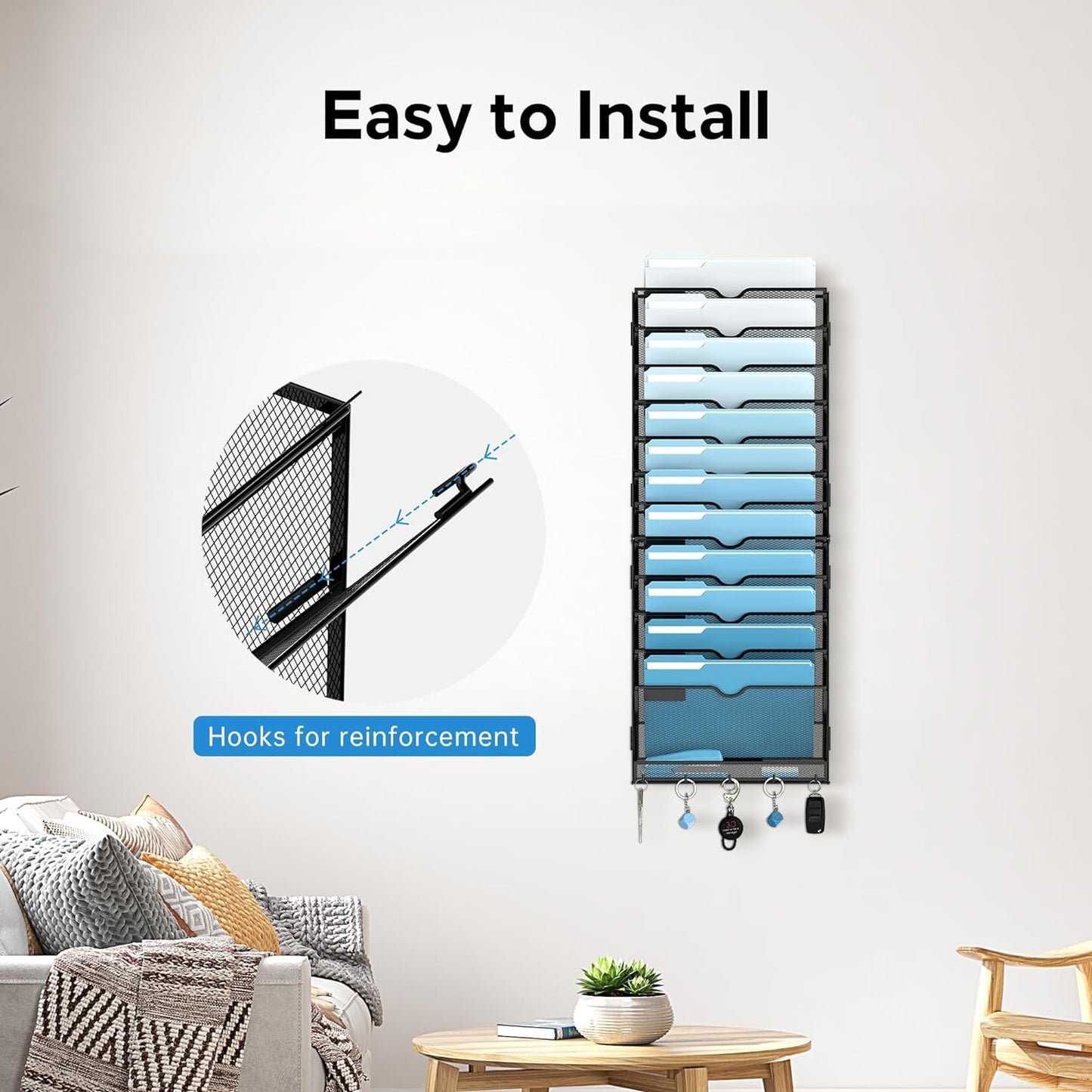 SUPEASY 13-Tier Wall File Organizer, Wall File Holder with Hooks, Mesh Hanging File Organizer, Mail Organizer Wall Mounted for Papers, Folders, Office Magazine Rack, Assembly Needed, Black