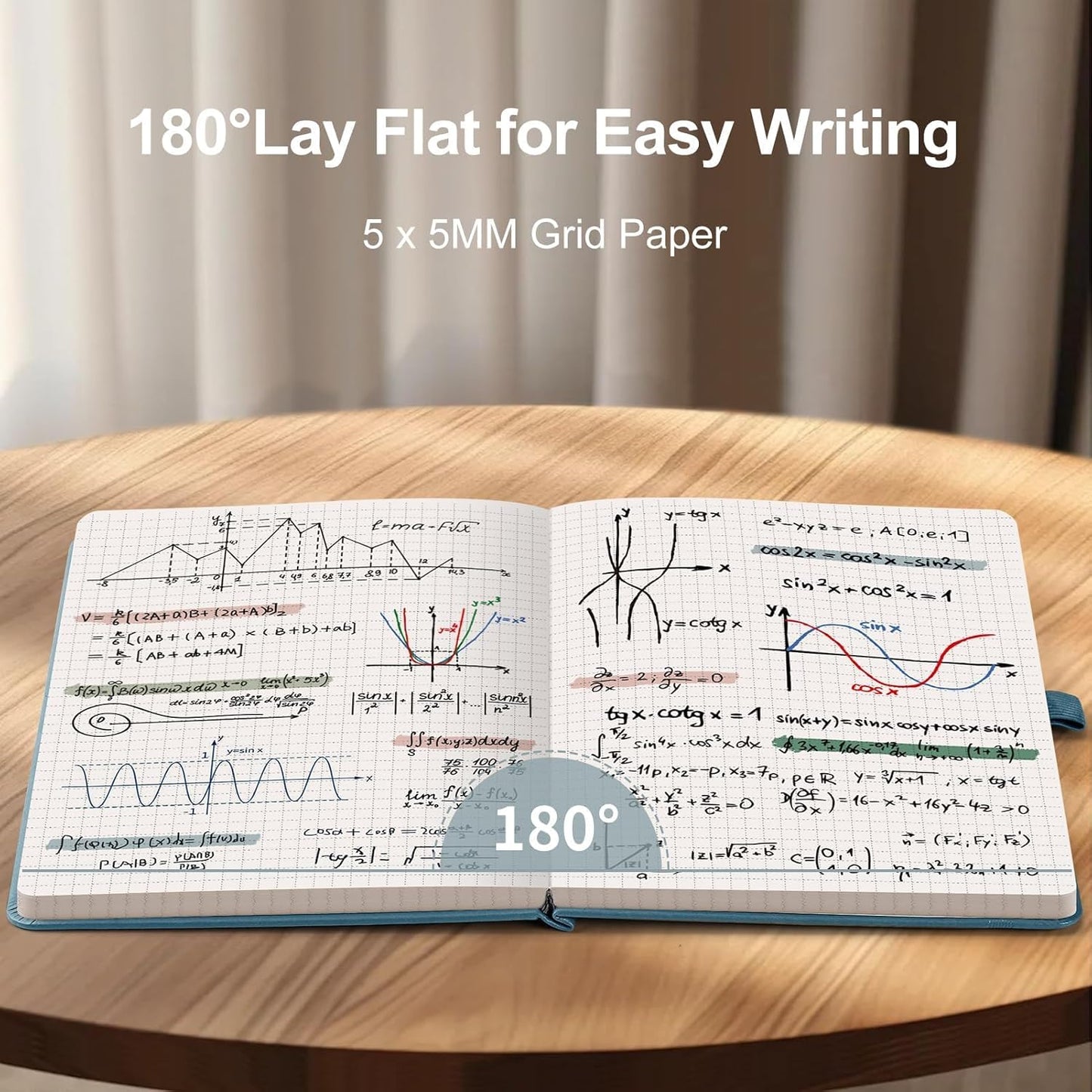 AHGXG Graph Paper Notebook - Grid Notebook Journal A5, 120 GSM Thick Graph Paper, 160 Pages, Leather Hardcover, for Graphing, Writing, Math, Engineering, 5.75'' × 8.38''- Gray Blue