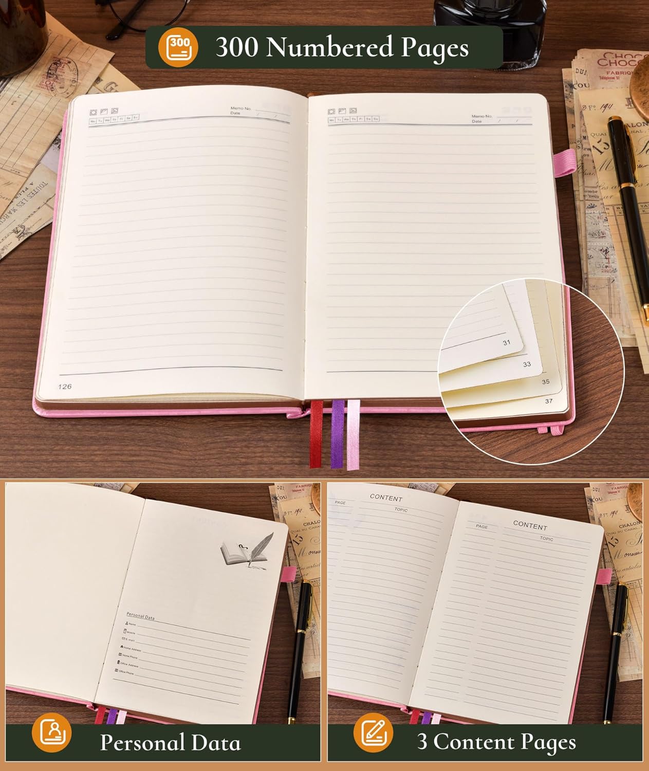 Vintage Leather Journal - 300 Page Lined Journal Notebook with Numbered Pages,A5 Notebook for Women Men,Travel Diary,Daily Journal for Writing, Note Taking, School & Work (5.8" x 8.3")