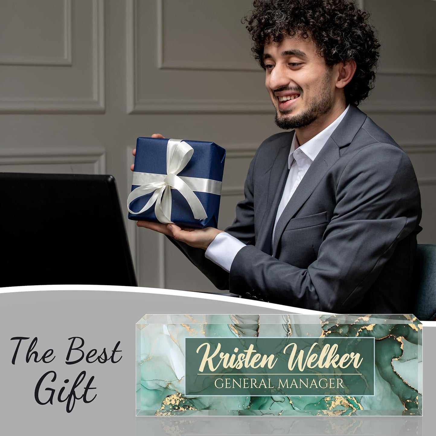 Personalized Name Plate for Desk - Custom Engraved Name Plates for Man - Boss Day Gifts for Boss - Acrylic Office Decor Appreciation Gifts for Teacher Nurse Coworker Social Worker (Emerald)