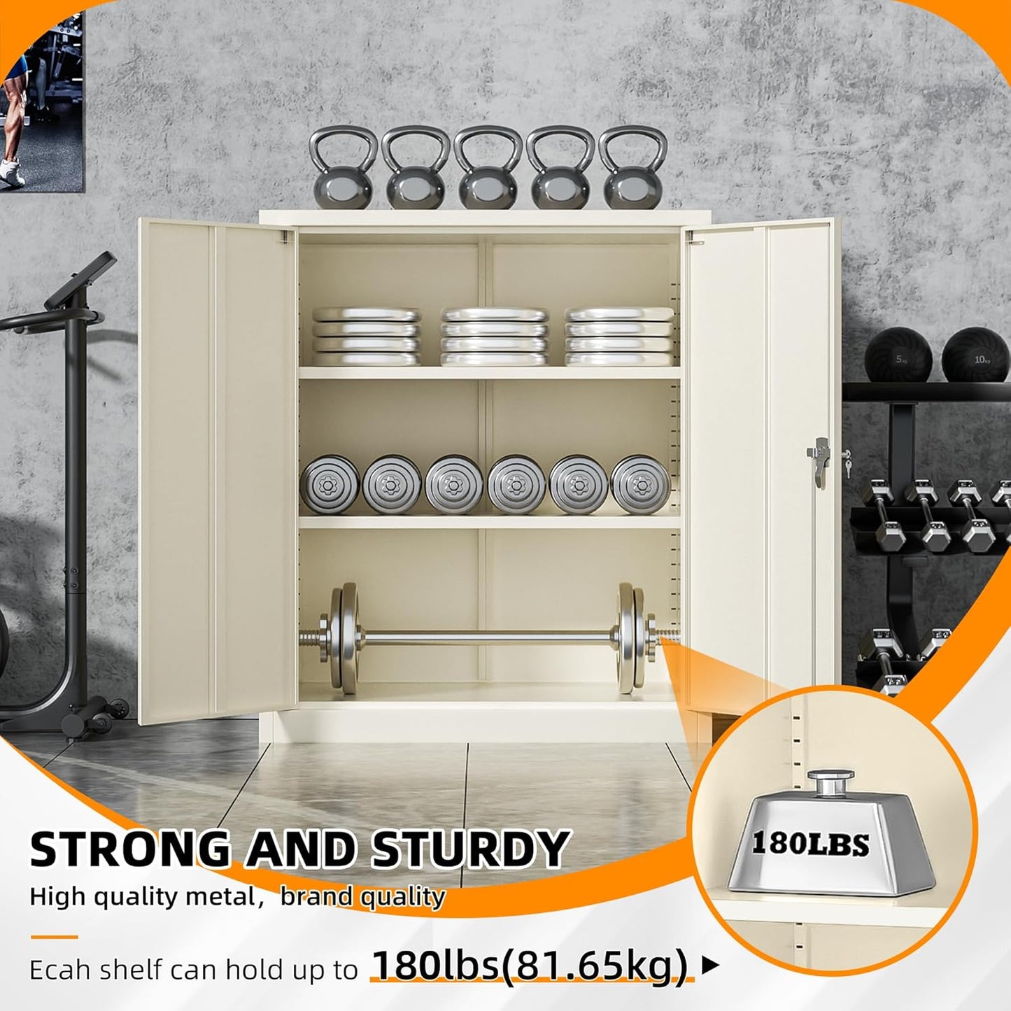 INTERGREAT Metal Cabinet with Lock, Lockable Metal Storage Cabinets with Doors and Shelves for Garage, Cream Grey Locking Garage Storage Cabinets 36"×32"×16"