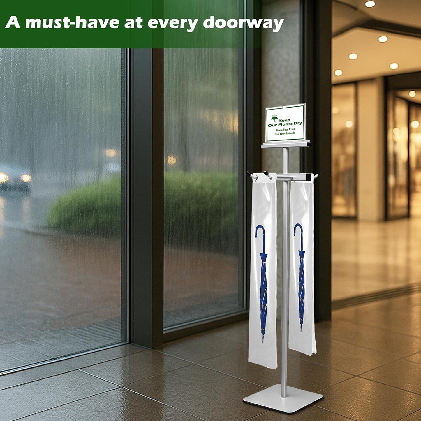 Umbrella Bag Stand, Umbrella Holder Stand with Free 200 Disposable Large Plastic Umbrella Bags, Wet Umbrella Bags Stand