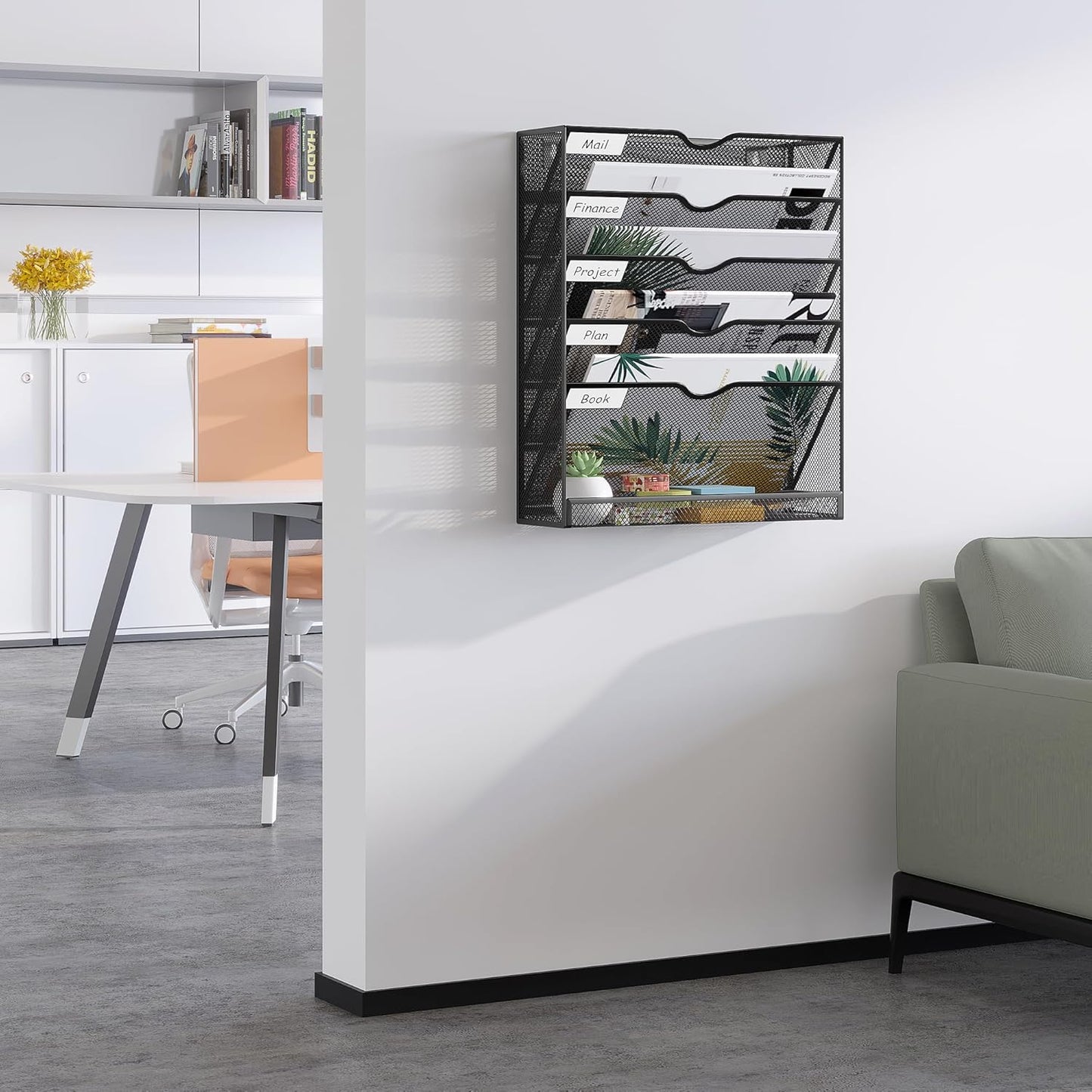 EasyPAG 5-Tier Wall File Holder, Mesh Hanging Folder Organizer with Classify Label, Versatile Desk File Organizer for Office Home, Vertical Wall Mounted Mail Sorter, Sides Closed, Black