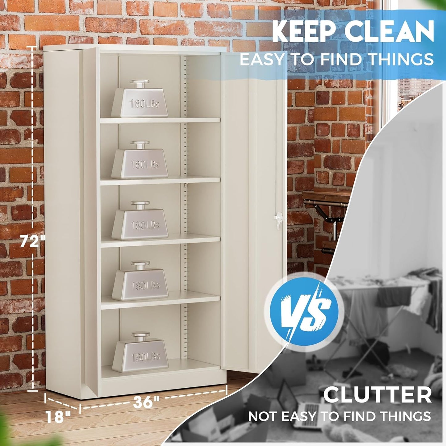 Greenvelly Garage Storage Cabinet,72" Metal Cabinet with 2 Doors and 4 Shelves,Steel File Cabinet for Home Office, Garage, Classroom(Grey 36" X 18")