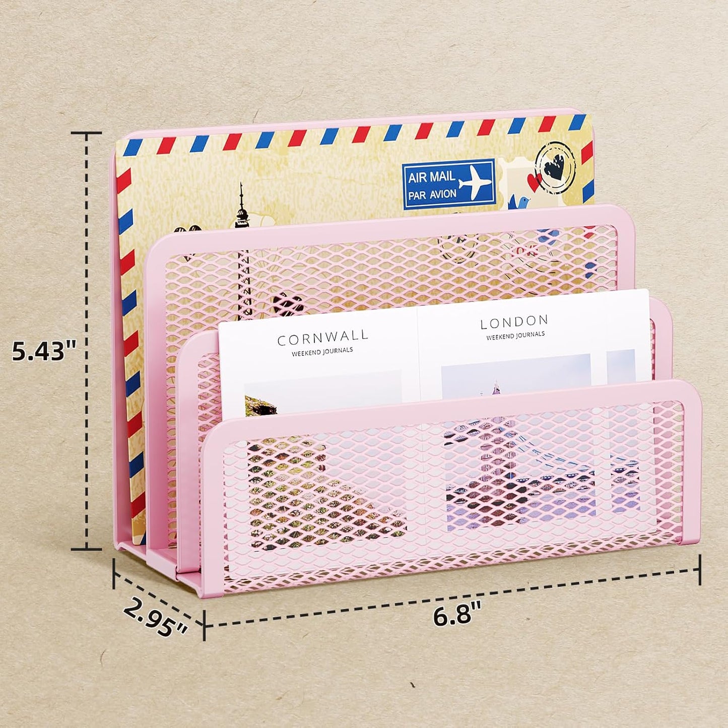 Marbrasse Mail Organizer for Desk, 3-Slot Mesh Metal Mail Holder countertop, Letter Holder, Office Desktop Envelope and Document Storage Rack (Pink)