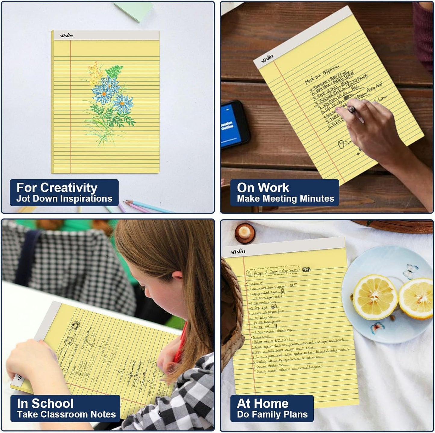 ViVin Legal Pads 8.5 x 11 Inch, Wide Ruled Note Pads, 12 Pack, 50 Sheet/Pad, Perforated Writing Pads, Notepads for Office Home School, 600 Sheets, Canary Yellow Paper