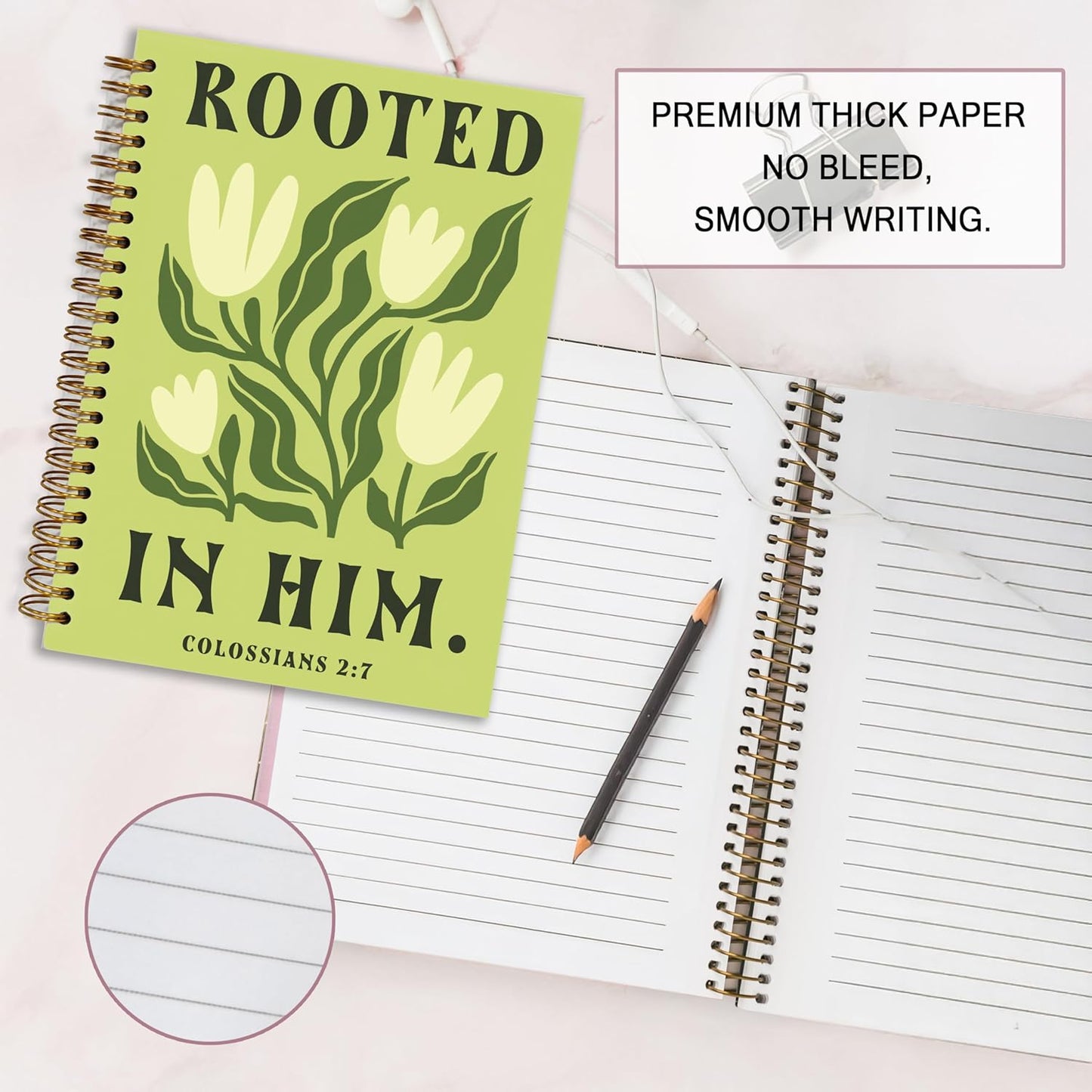 Bible Journal, A5 Spiral Christian Bible Green Flower Notebook, Rooted in Him, Bible Verse Gift for Women Men Birthday Christmas, Sunday School, Office Supplies, Bible Study (Green-flower)