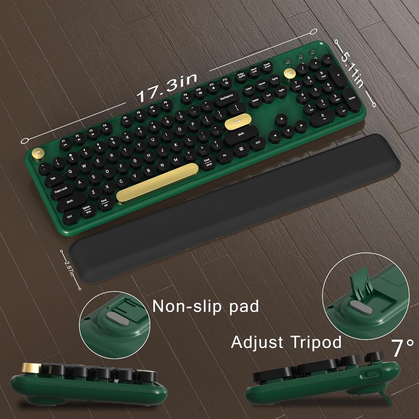 Colorful Wireless Computer Keyboard and Mouse Combo with Round Typewriter Keycaps, Retro Design, Power Switch, Ergonomic Design, 2.4GHz Wireless for Windows, Mac, PC(Dark Green)