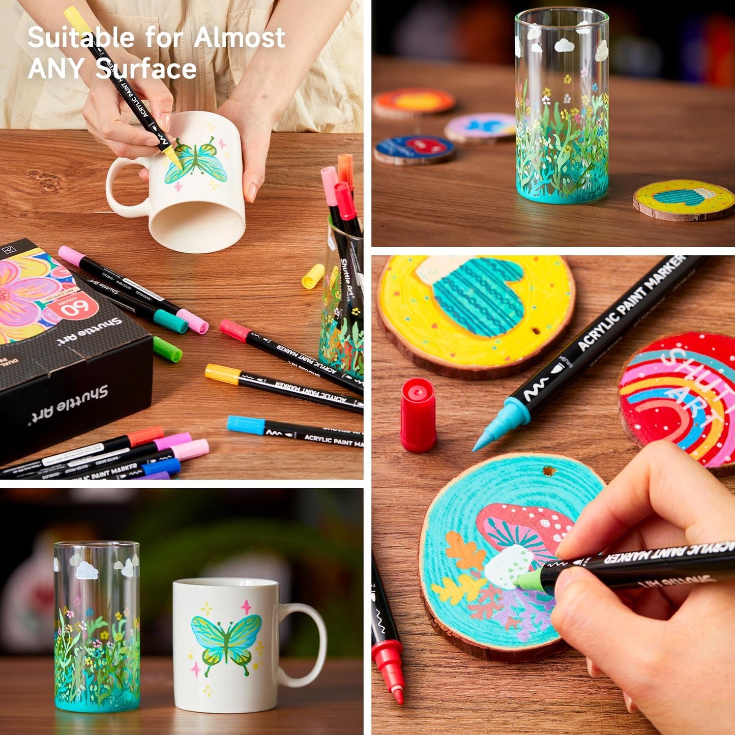 Shuttle Art 60 Colors Dual Tip Acrylic Paint Markers, Brush Tip and Fine Tip Acrylic Paint Pens for Rock Painting, Ceramic, Wood, Canvas, Plastic, Glass, Stone, Calligraphy, Card Making, DIY Crafts