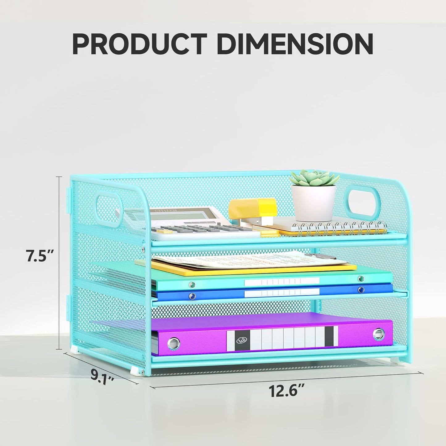 3 Tier Paper Organizer with Handle, Metal Desk Organizer Mesh Paper Letter Tray Desktop File Folder Document Sorter for Classroom, School, Office Accessories Organization and Storage - Blue