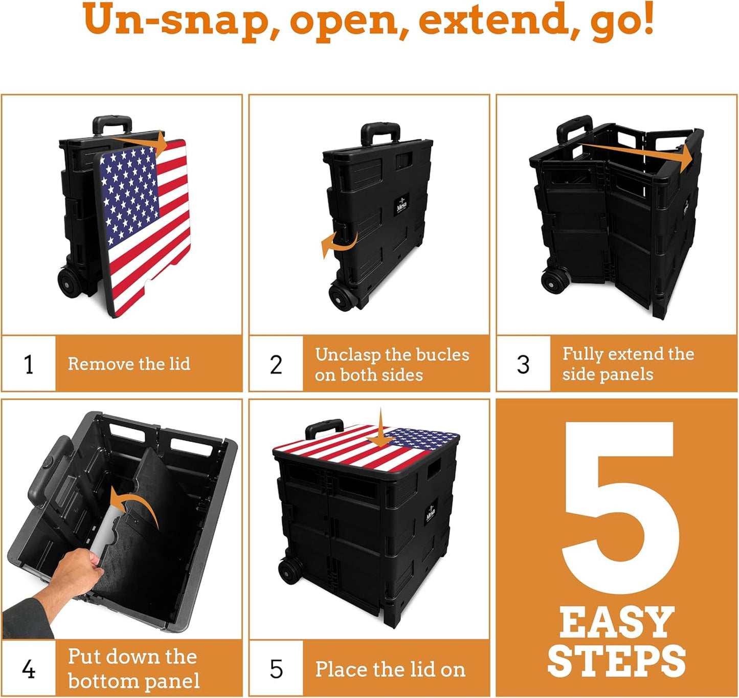 Inspired Living Collapsible Ultra-Slim Pack-N-Roll,2 Wheel Utility Cart w/Lid Used as Seat up to 250 Lbs, Telescopic Handle, Super Strong, for Home,Garden,Shopping,Office,School, Large, American Flag